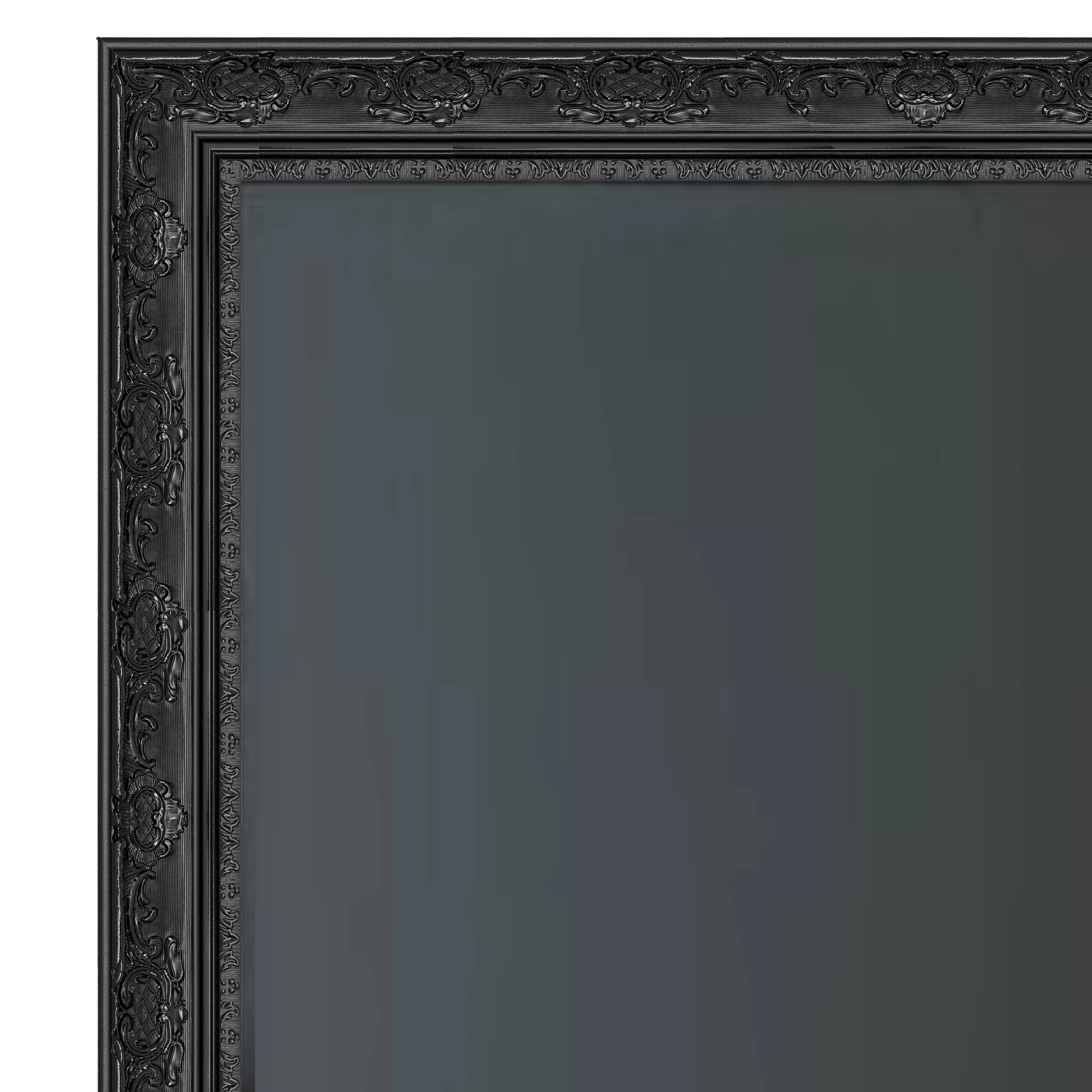 black-baroque-ornate-tv-frame-full-view-luxury-decorative-frame Luxury black baroque ornate TV frame with intricate carved detailing designed to transform a television into decorative wall art