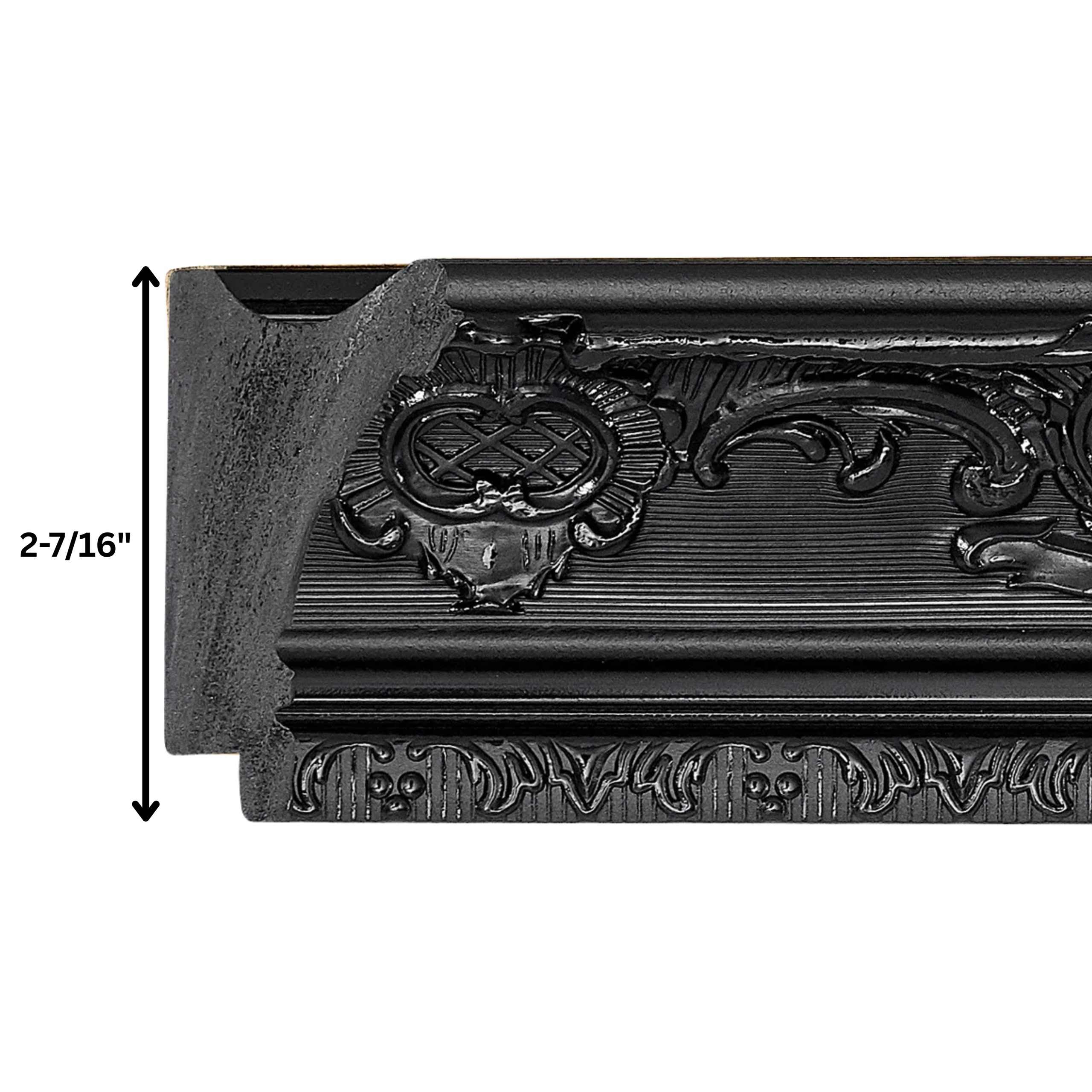 black-baroque-tv-frame-molding-profile-dimensions Black baroque decorative TV frame molding profile with ornate carving showing frame height measurement detail