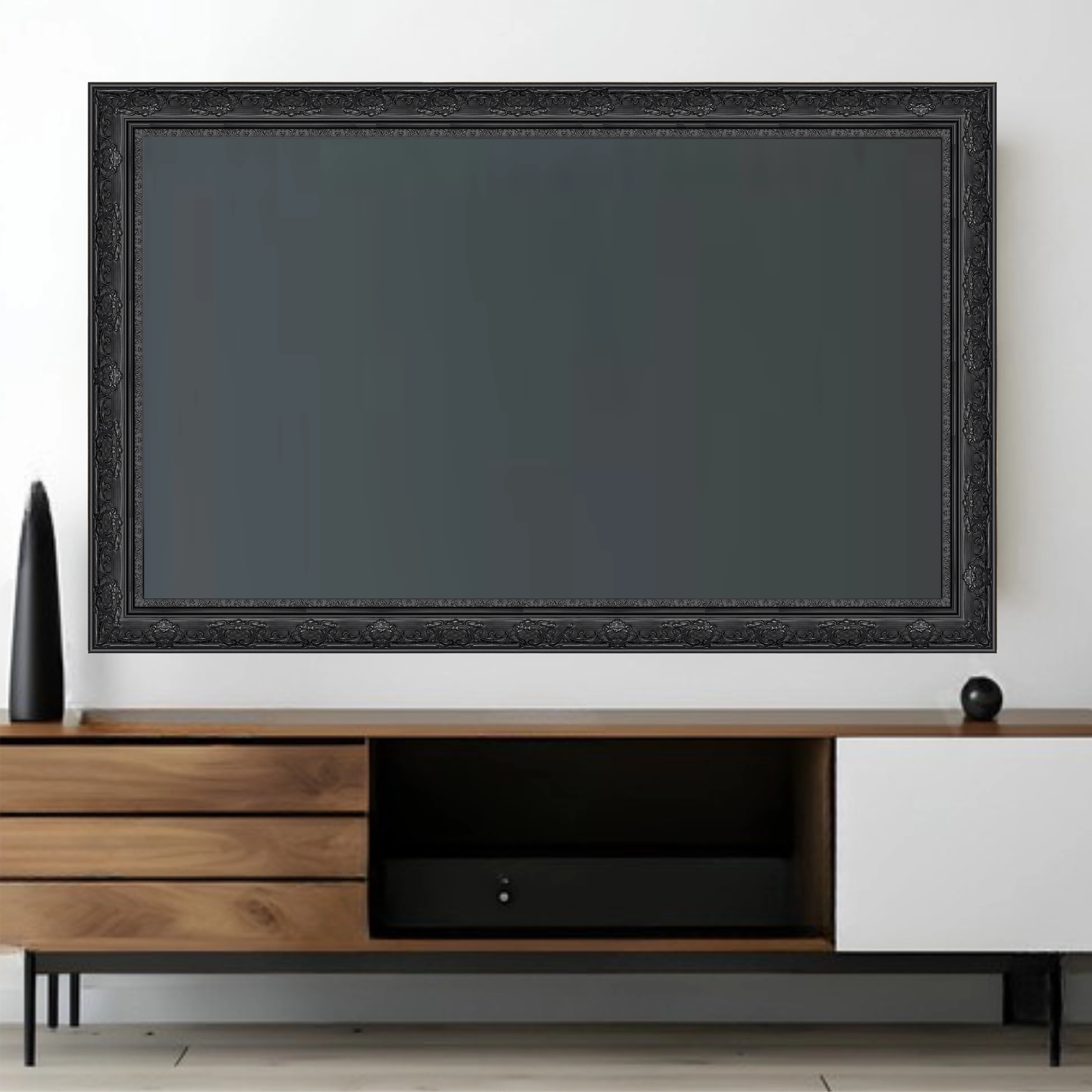 black-baroque-tv-frame-mounted-television-luxury-living-room Wall mounted television with black baroque decorative TV frame above modern console in stylish living room