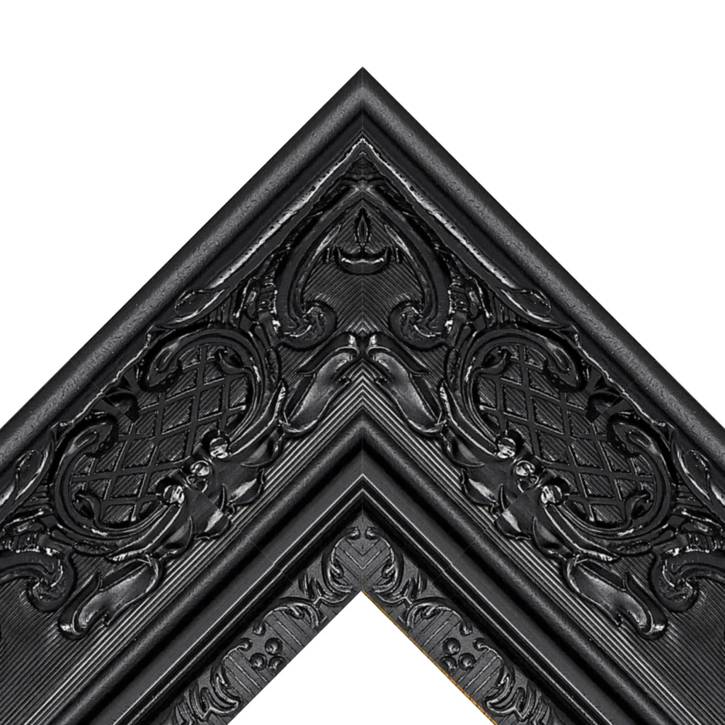 Black baroque ornate TV frame corner detail with carved decorative pattern in luxury black finish