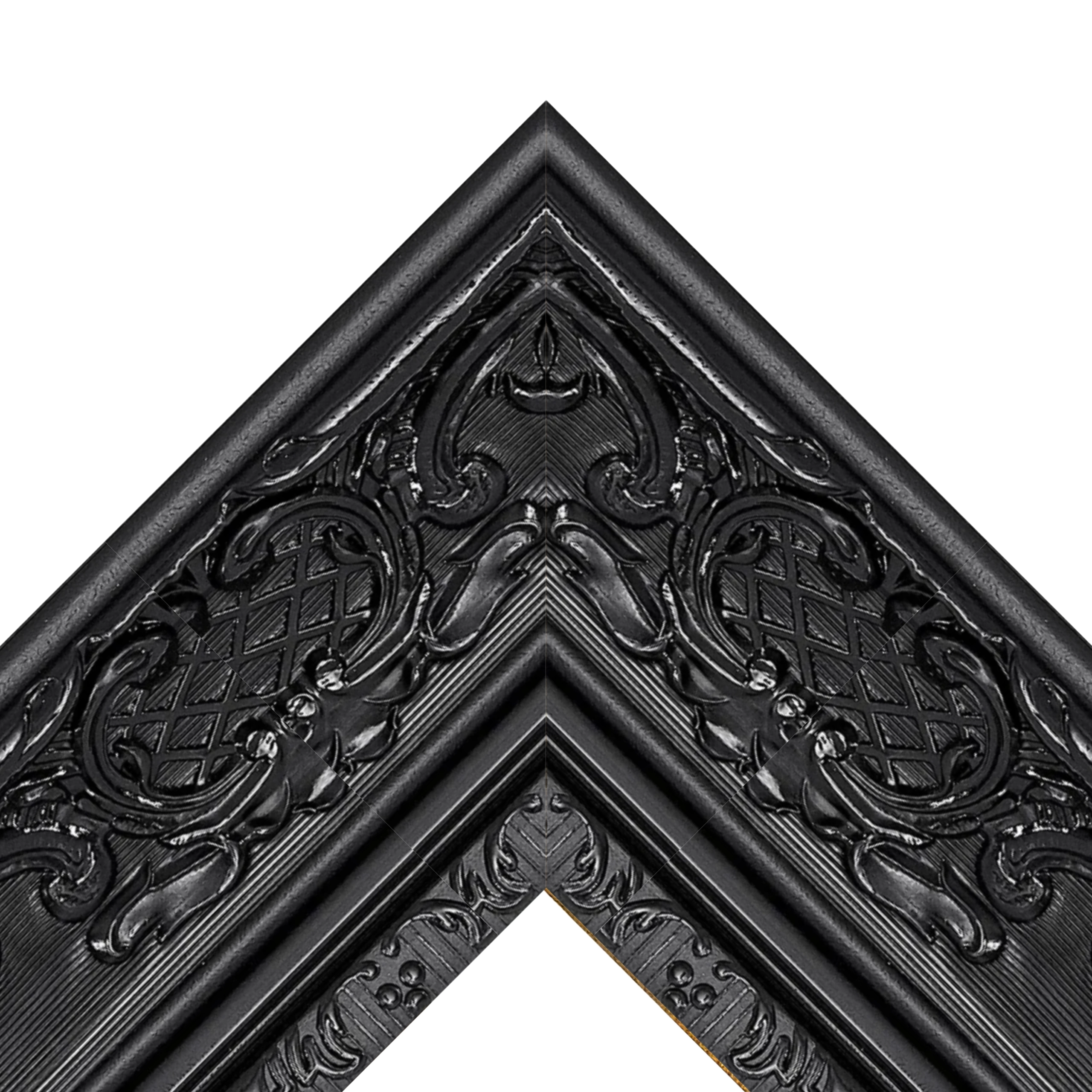midnight-royale-black-baroque-tv-frame Black baroque ornate TV frame corner detail with carved decorative pattern in luxury black finish