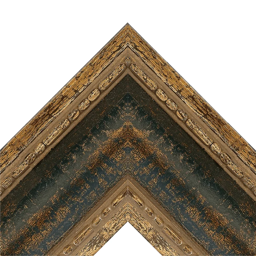 Antique bronze distressed TV frame corner detail with textured decorative finish by TV Framez