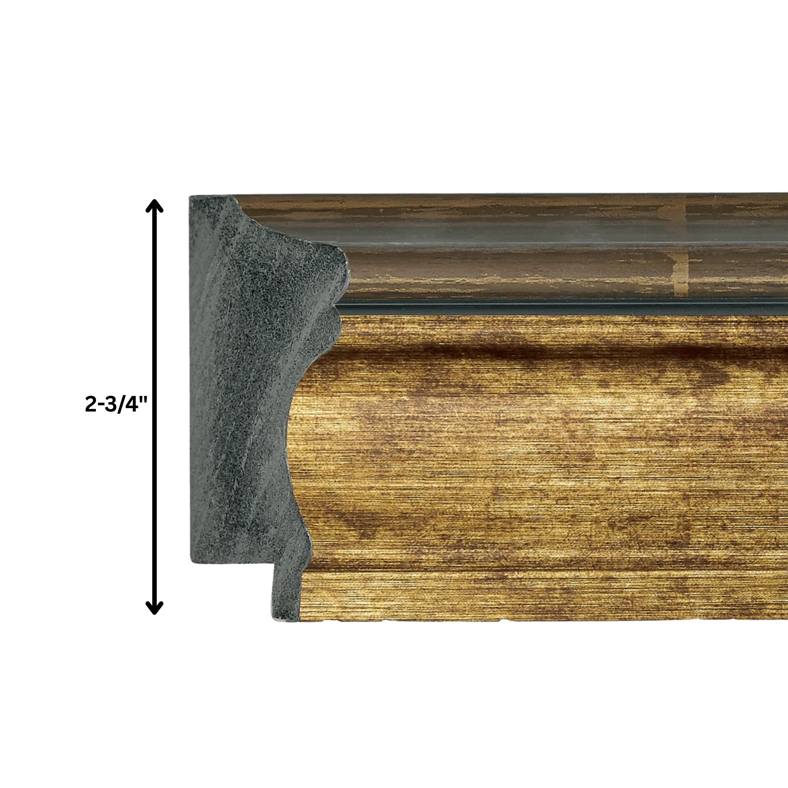 antique-gold-tv-frame-profile-height-dimension Antique gold TV frame profile showing 2.75 inch frame height measurement for custom television framing