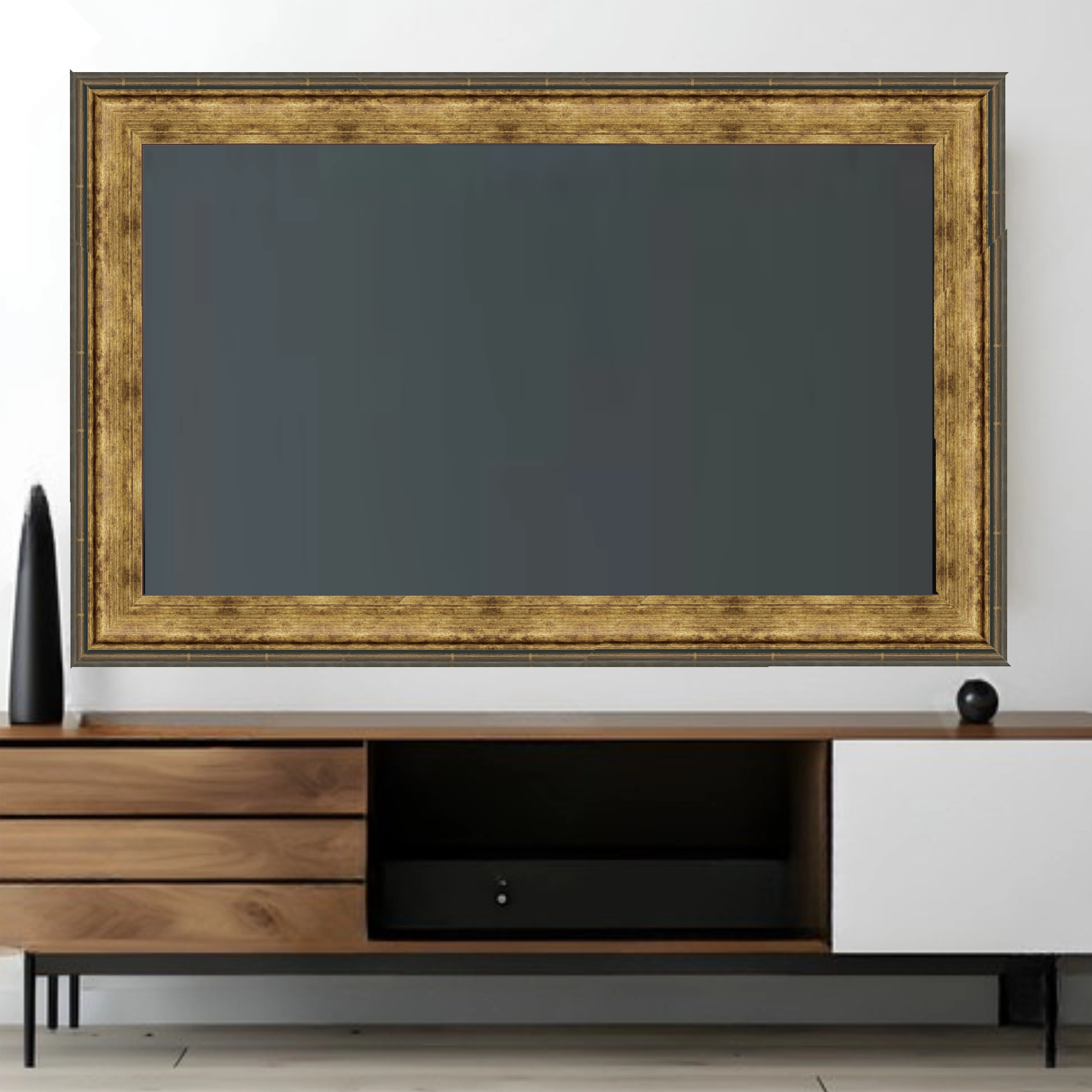 antique-gold-tv-frame-wall-mounted-living-room Wall mounted television with antique gold decorative frame by TV Framez in a modern living room
