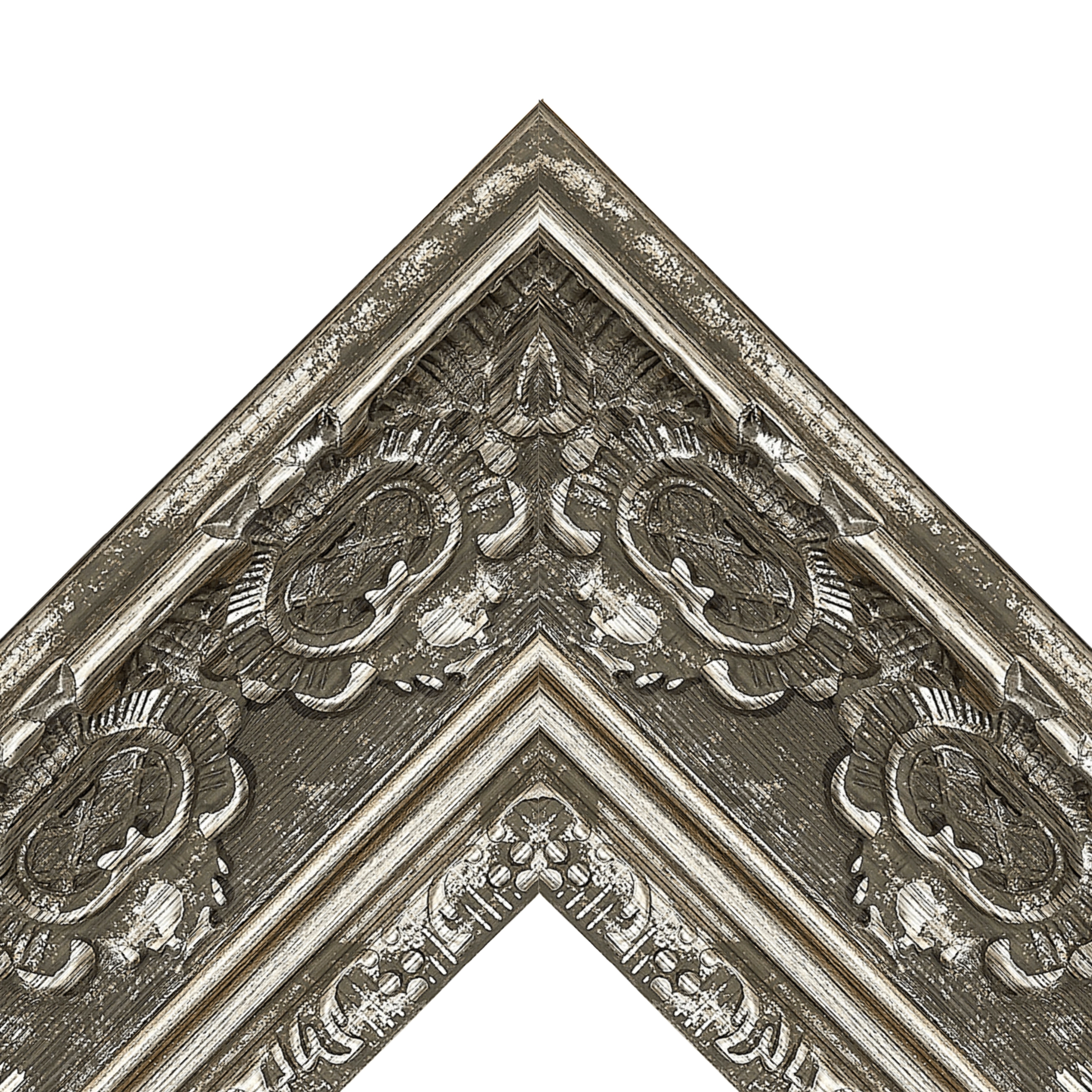 antique-ornate-tv-frame-corner-detail-vintage-silver Corner detail of an antique ornate decorative TV frame with distressed silver finish and carved patterns