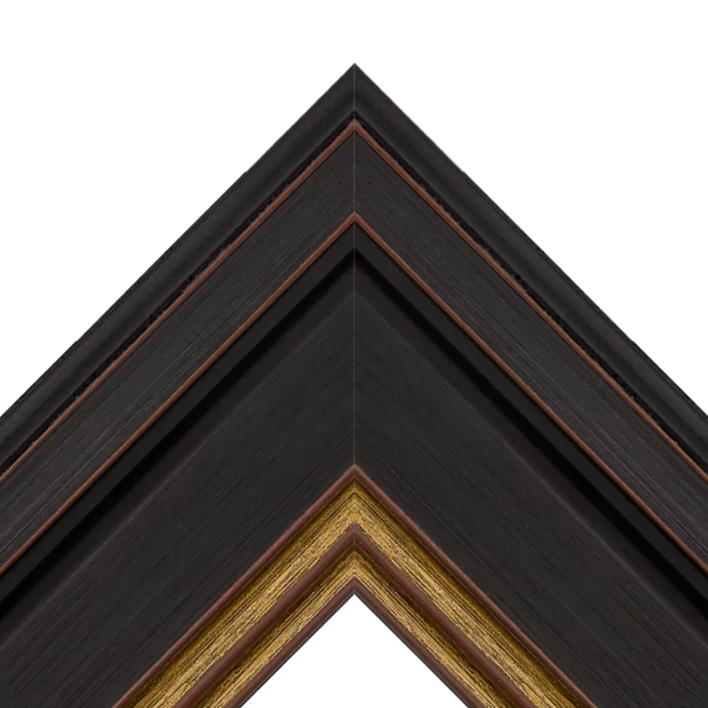 Black decorative TV frame corner with layered molding and subtle gold inner trim