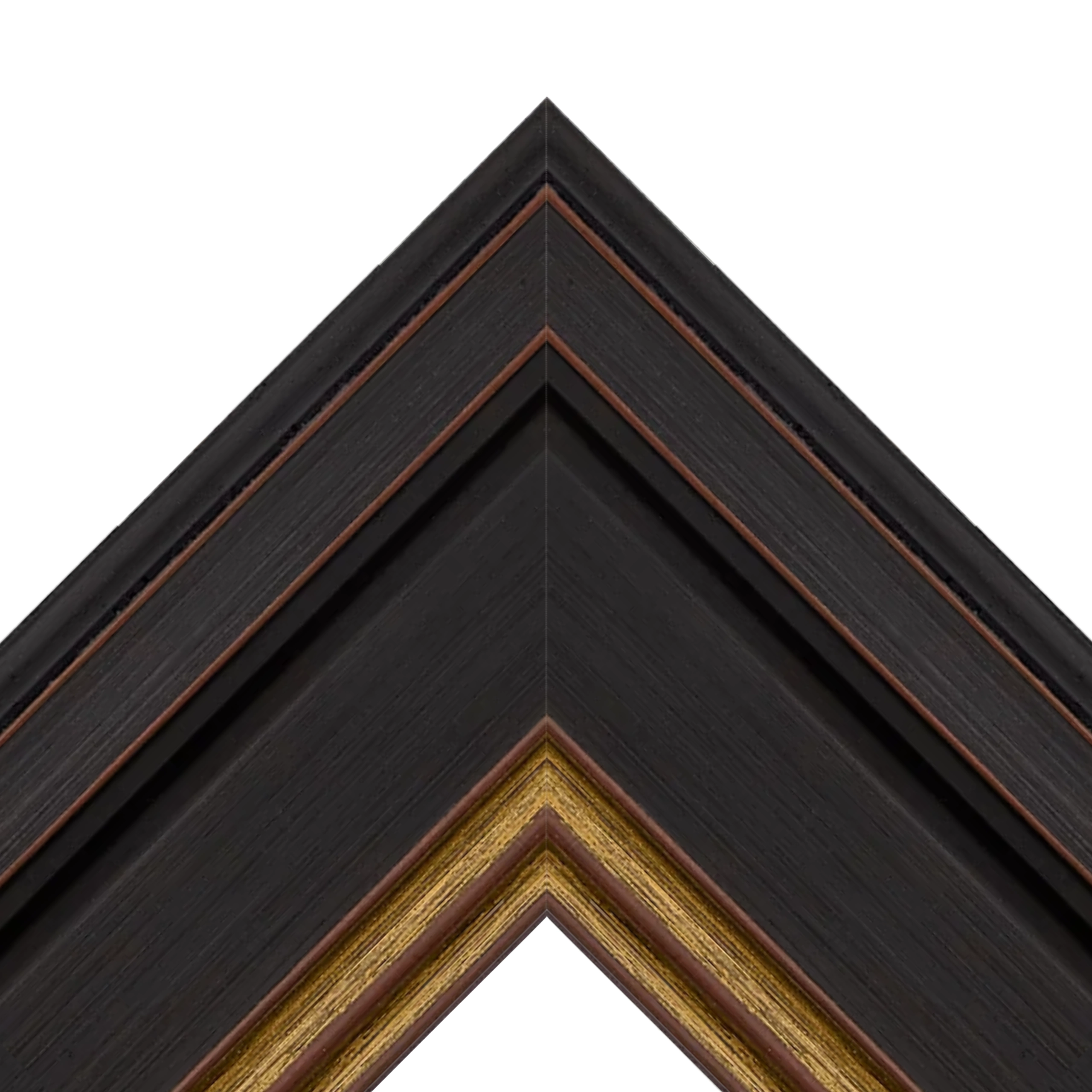black-decorative-tv-frame-corner-layered-molding Black decorative TV frame corner with layered molding and subtle gold inner trim