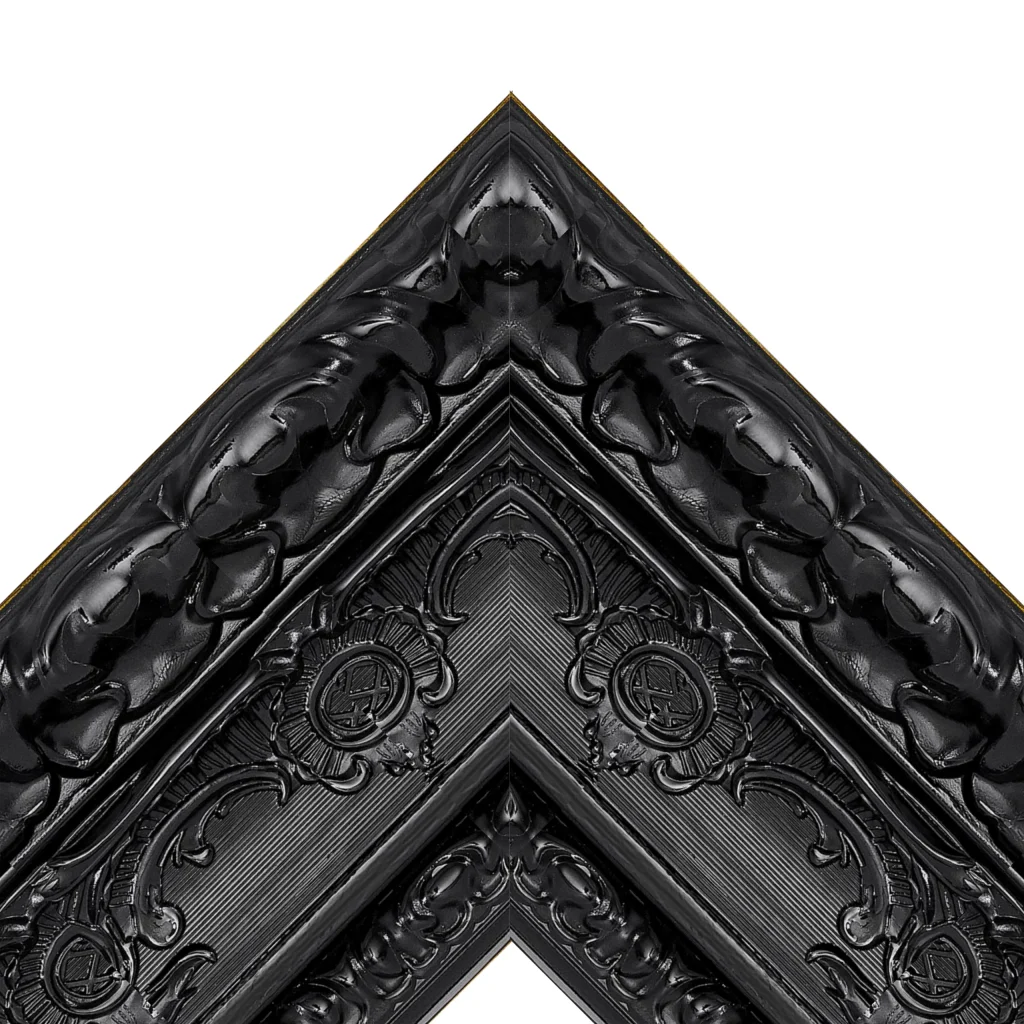 Black ornate glossy TV frame corner with intricate carved detailing