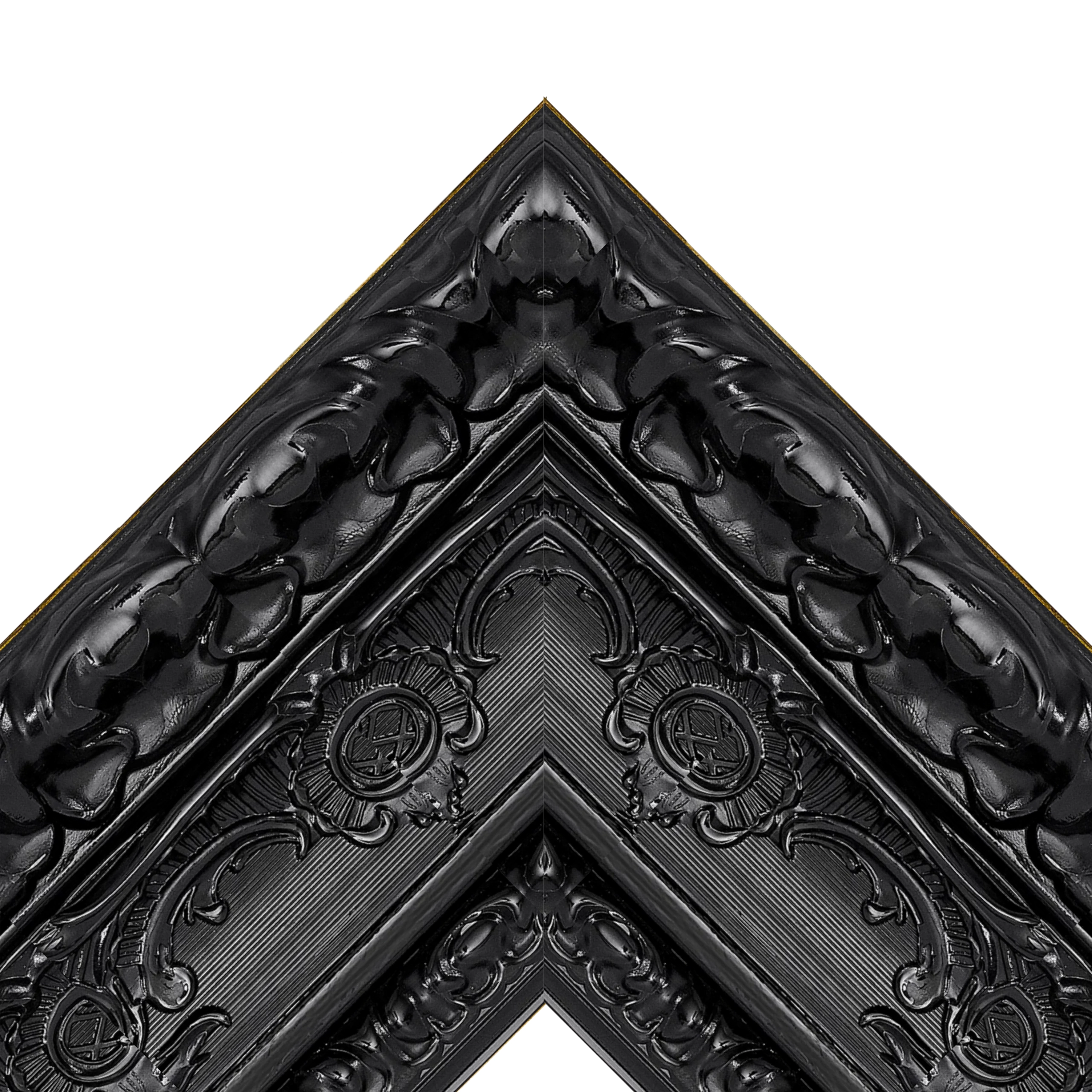 black-ornate-tv-frame-corner-gloss-finish Black ornate glossy TV frame corner with intricate carved detailing