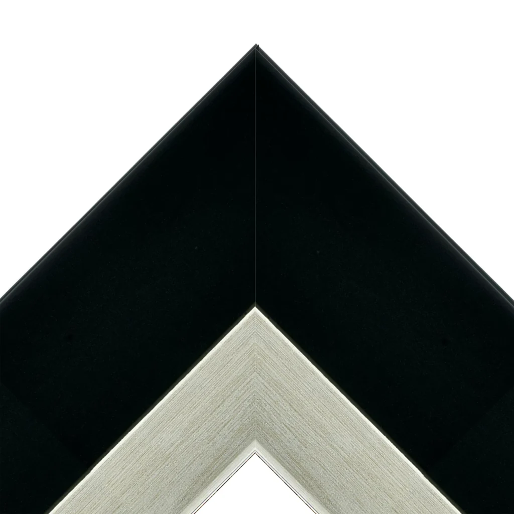Black and silver modern decorative TV frame corner detail with textured metallic inner edge