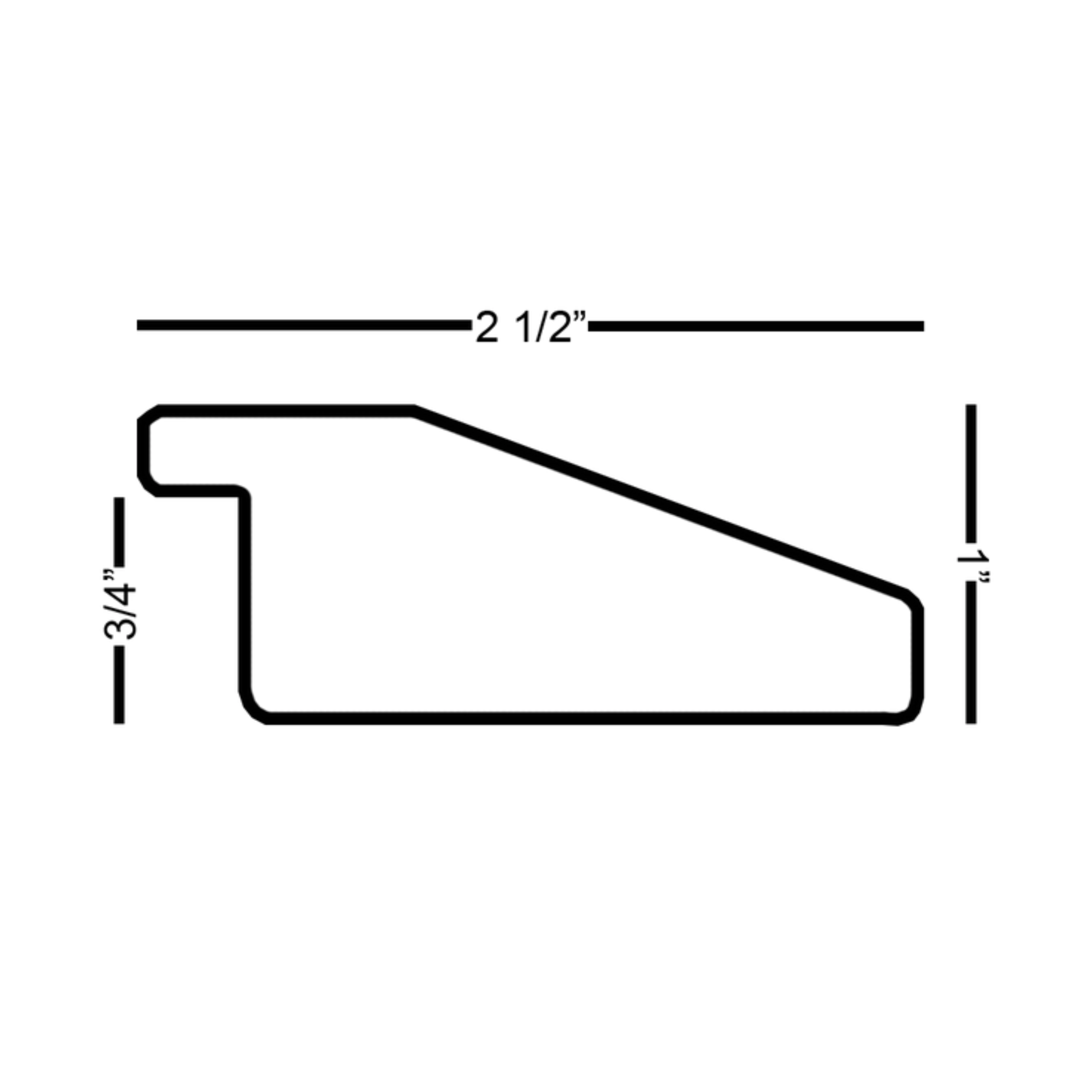 black-silver-sloped-tv-frame-molding-profile-dimensions Black and silver TV frame molding profile diagram showing frame width rabbet depth and interior height measurements