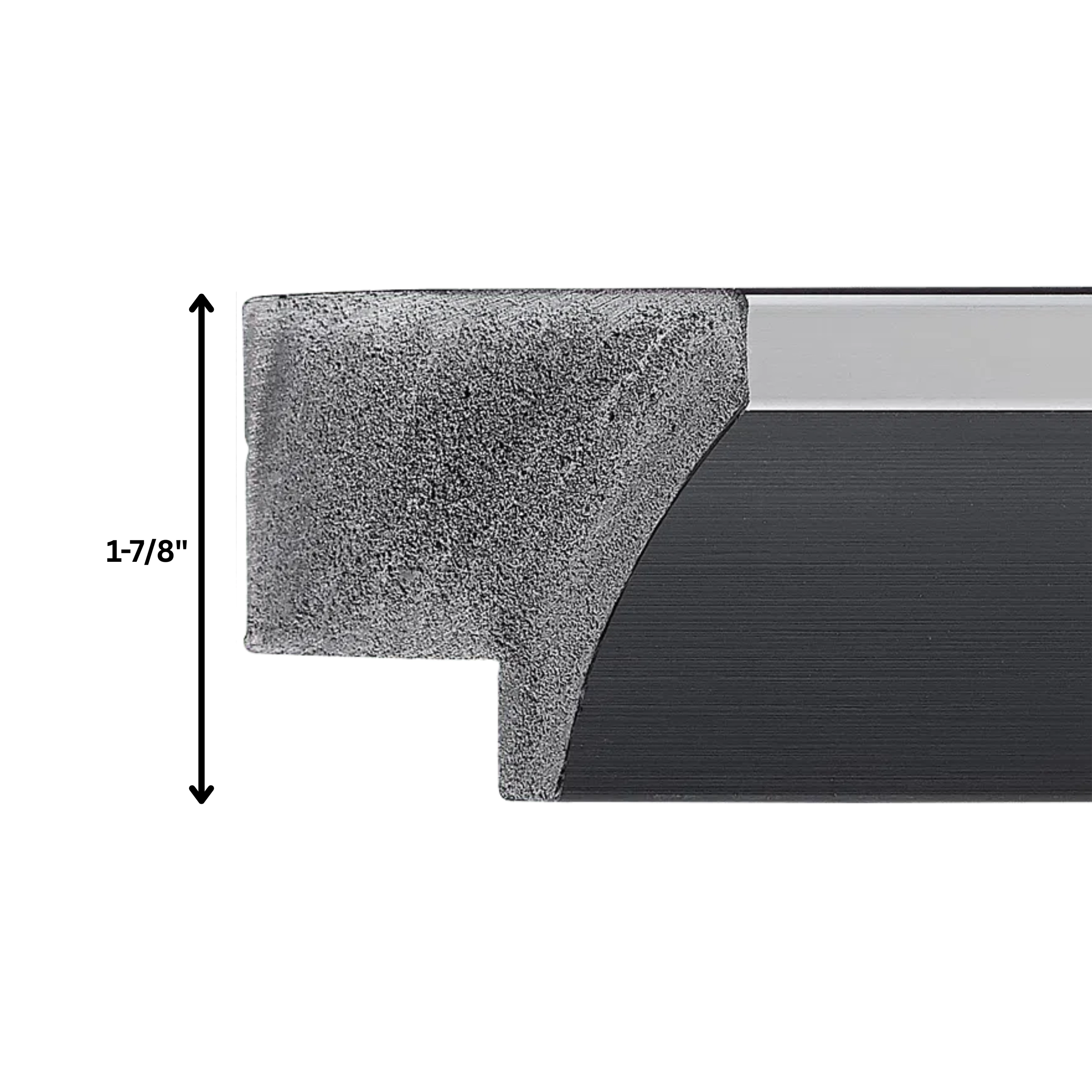 black-silver-tv-frame-molding-profile-dimension Black and silver TV frame molding cross section with measurement