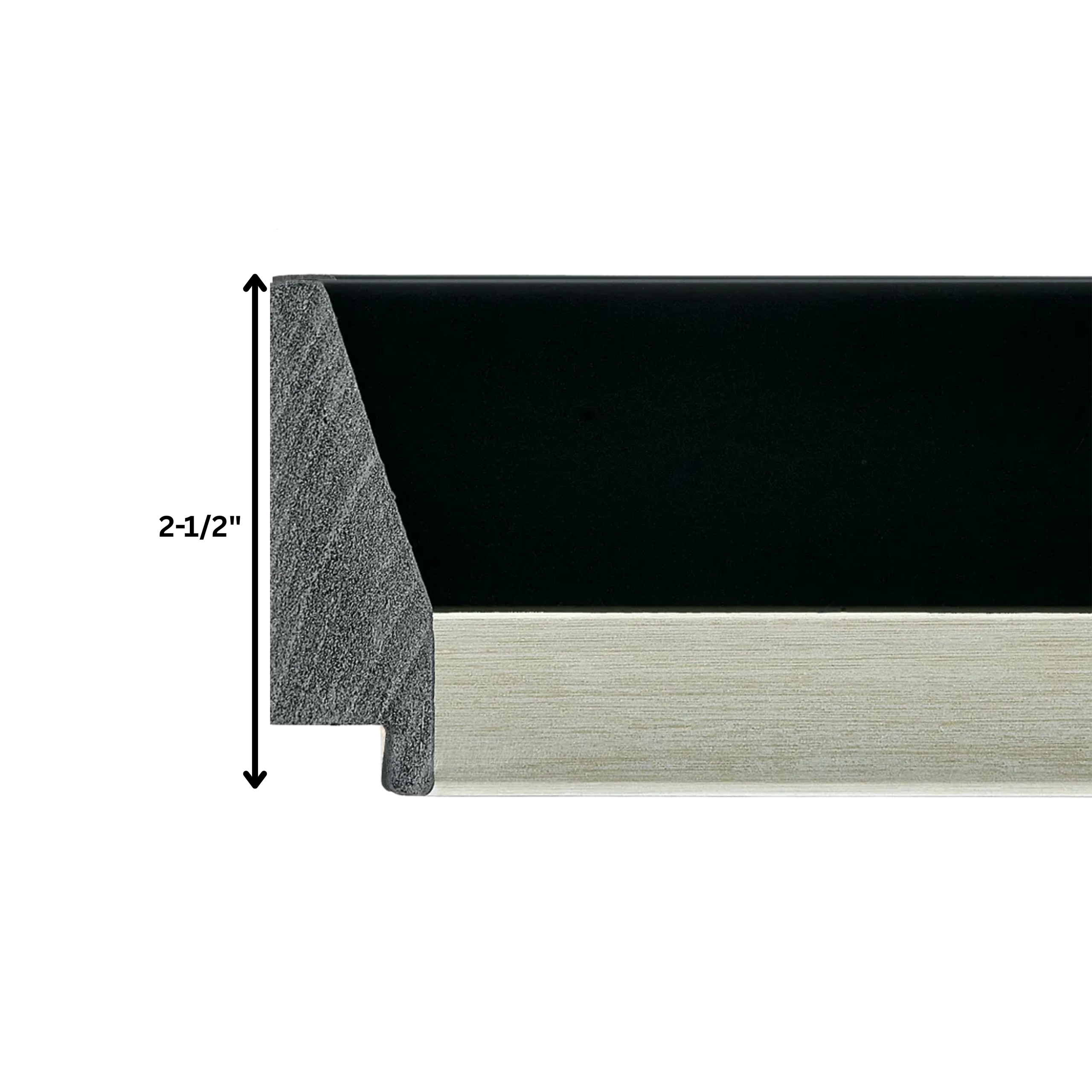 black-silver-tv-frame-profile-side-view-dimensions Black and silver TV frame molding side profile showing 2.5 inch frame height measurement