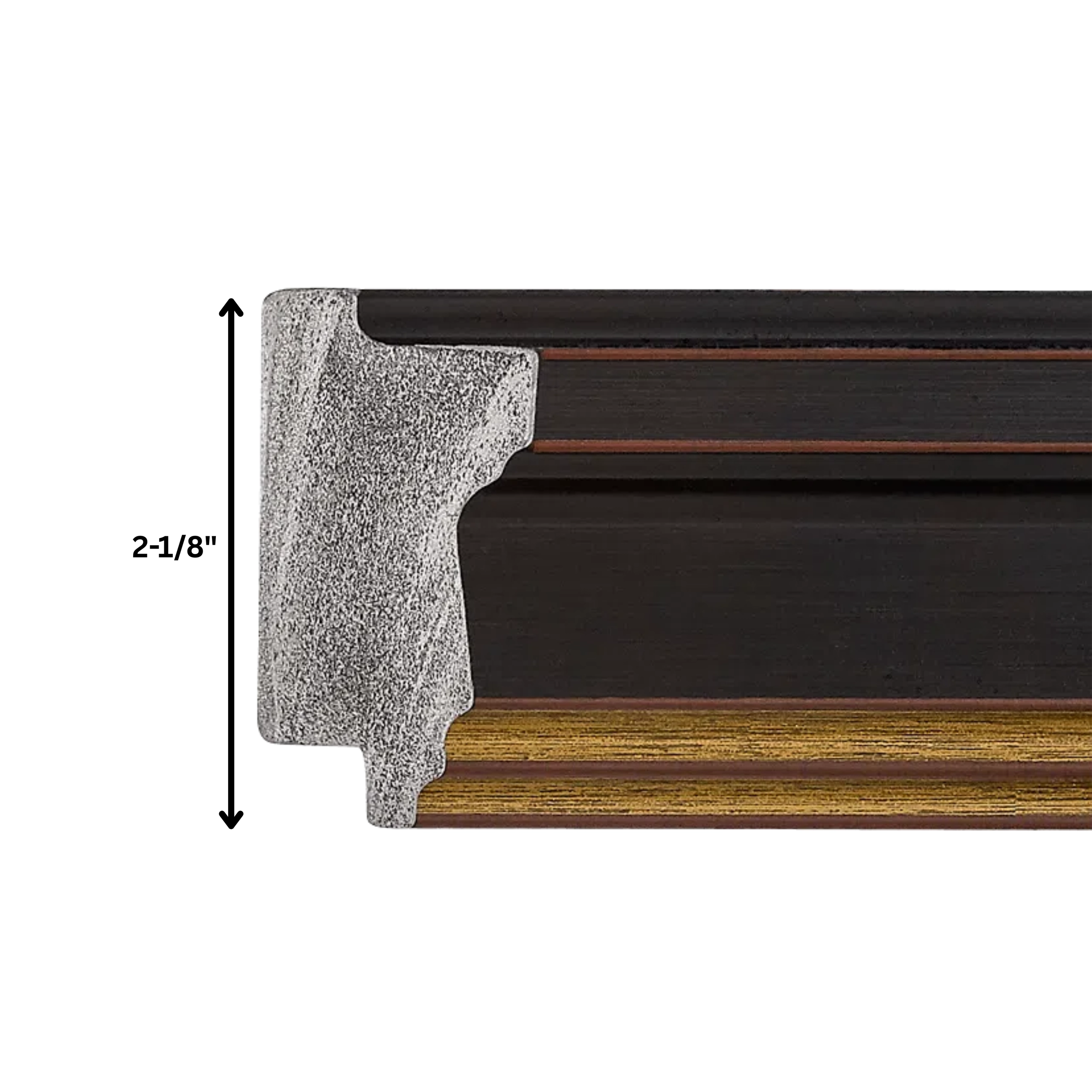 black-tv-frame-profile-gold-trim-side-view Side profile of a black decorative TV frame with gold trim measuring 2 1/8 inches wide
