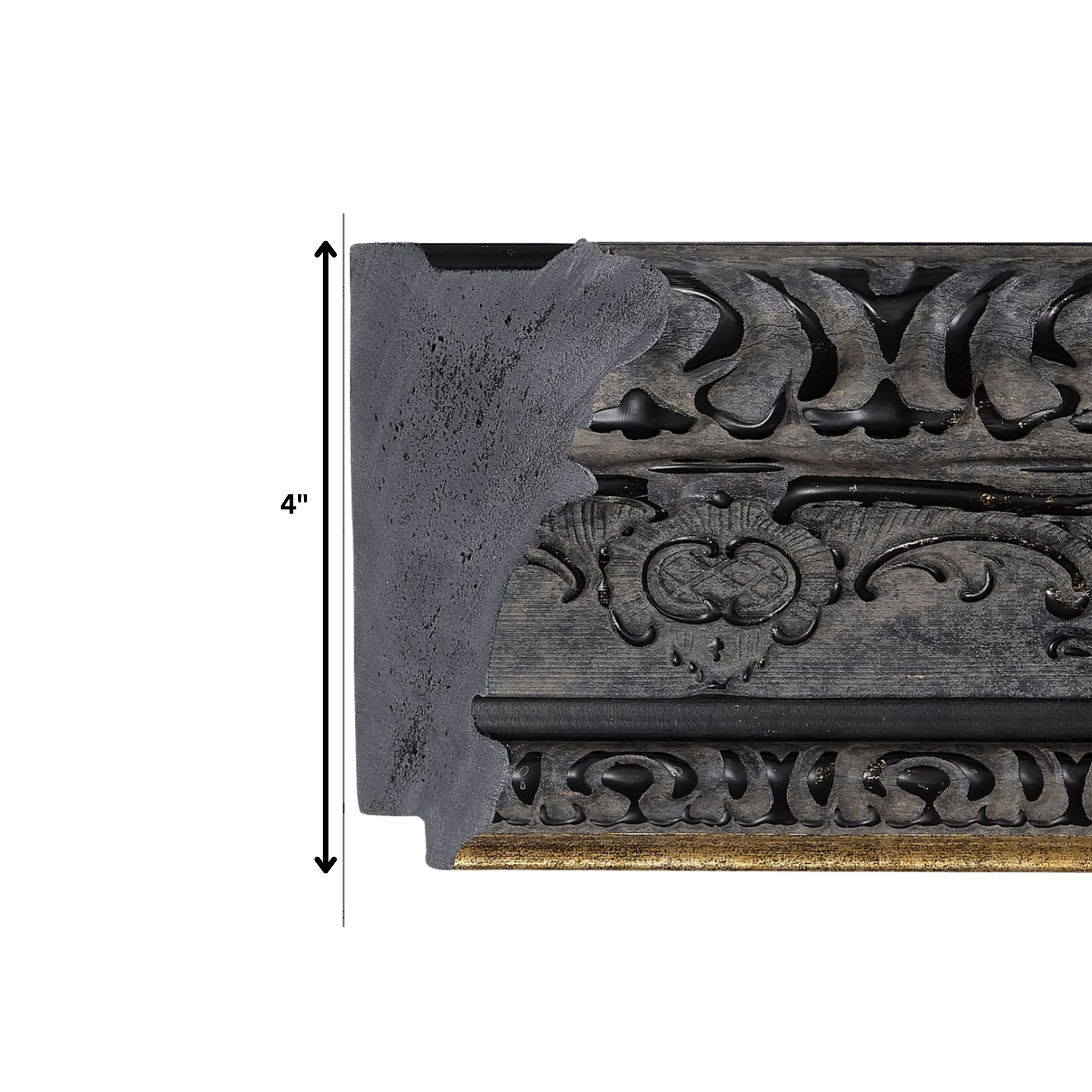 dark-ornate-tv-frame-molding-profile Dark ornate TV frame molding profile showing 4 inch frame height measurement