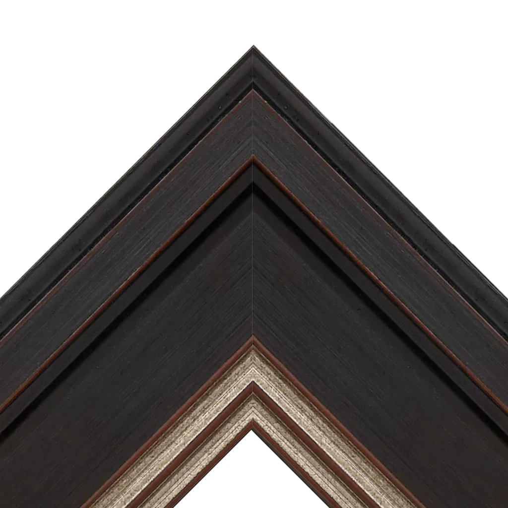 Corner detail of a dark wood decorative TV frame with gold inner trim and layered molding