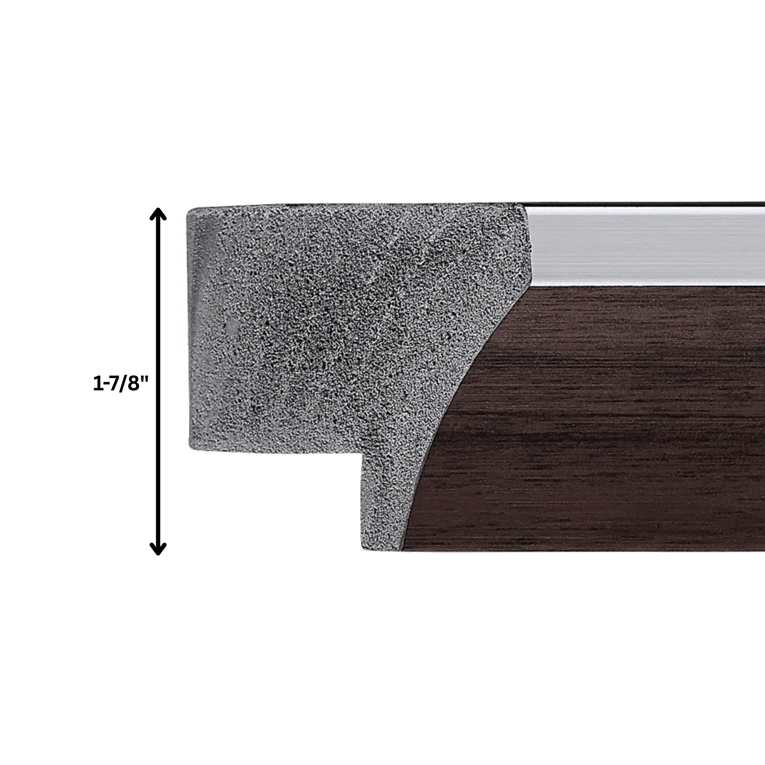 dark-wood-silver-tv-frame-molding-profile-dimension Dark wood and silver TV frame molding cross section with measurement