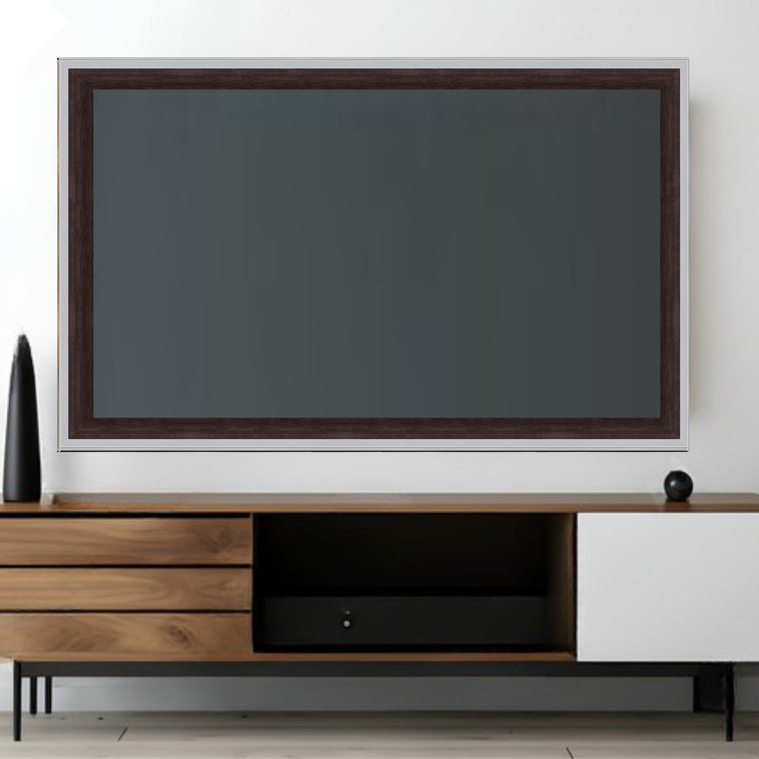 dark-wood-silver-tv-frame-wall-mounted-living-room Wall mounted television with dark wood and silver TV frame