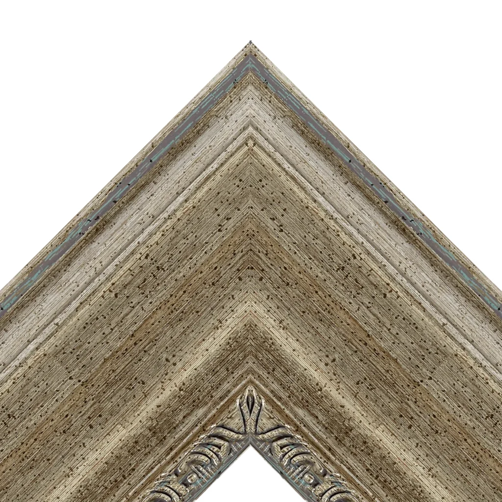 Distressed antique silver TV frame corner detail with rustic textured finish