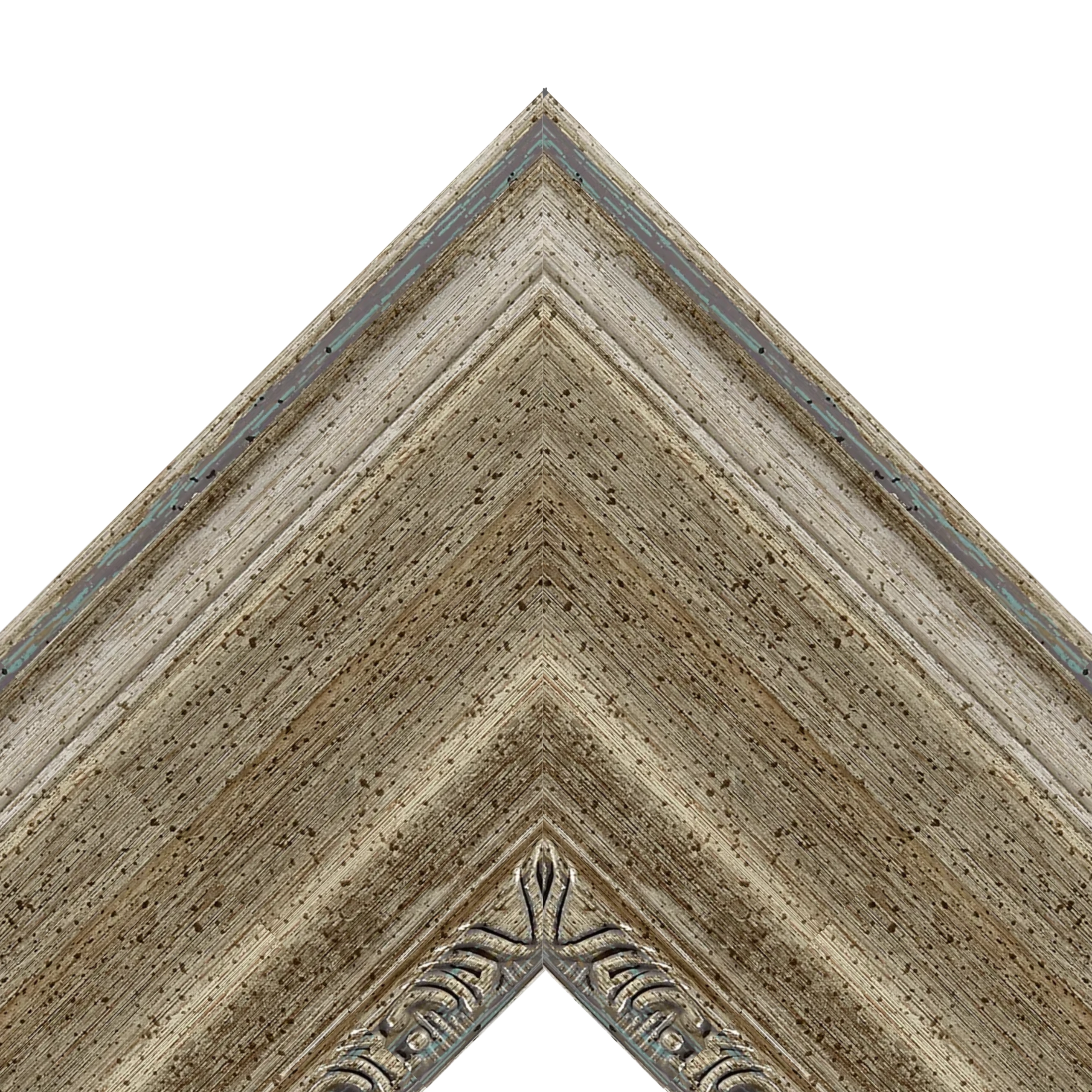 distressed-antique-silver-tv-frame-corner-detail Distressed antique silver TV frame corner detail with rustic textured finish