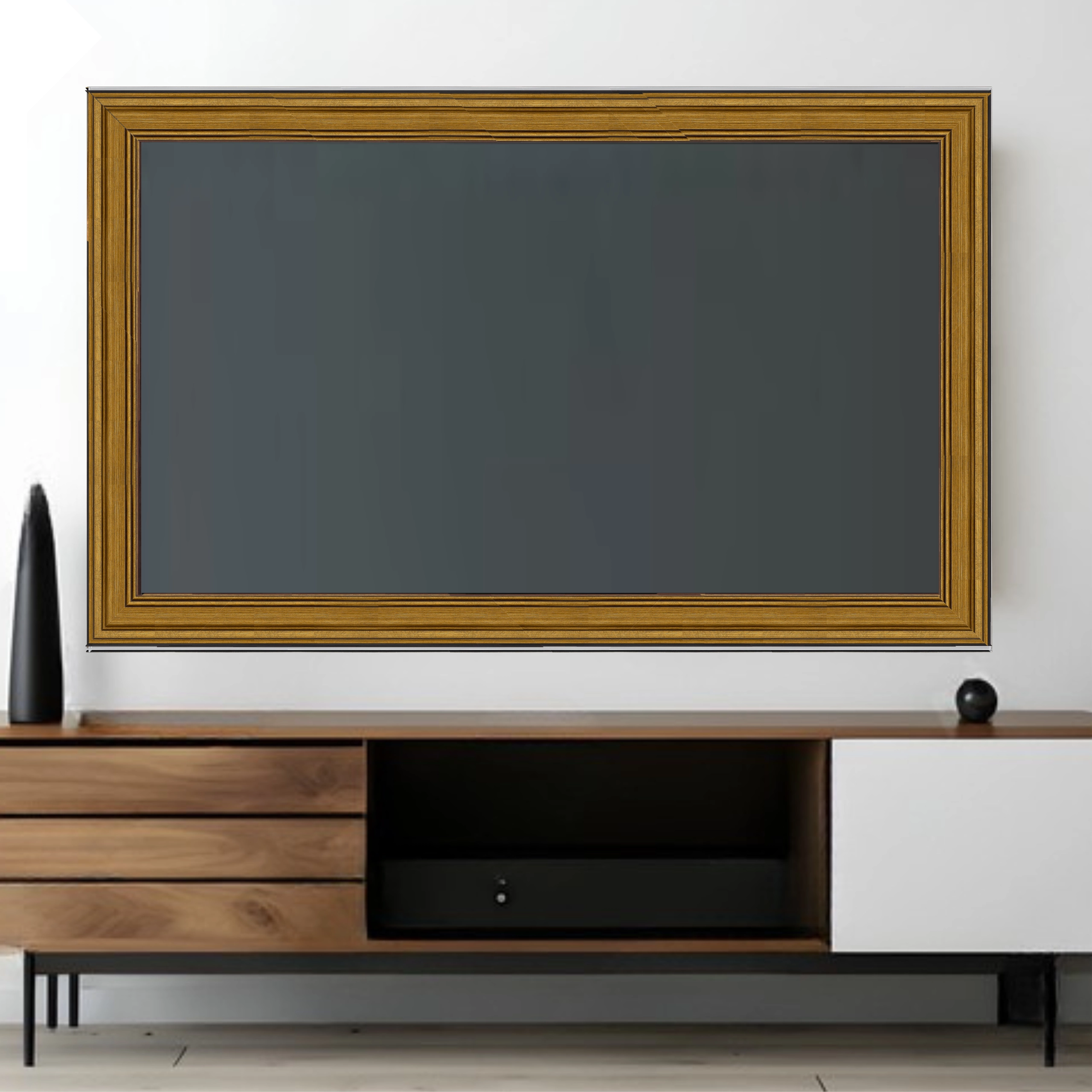 framed-television-gold-decorative-tv-frame-living-room Wall mounted television with a decorative gold TV frame styled like artwork above a modern media console