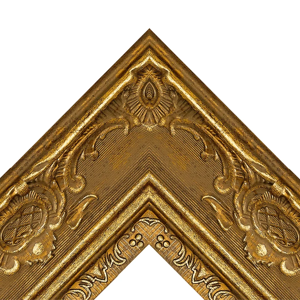 Gold baroque ornate TV frame corner with intricate decorative carving and antique finish