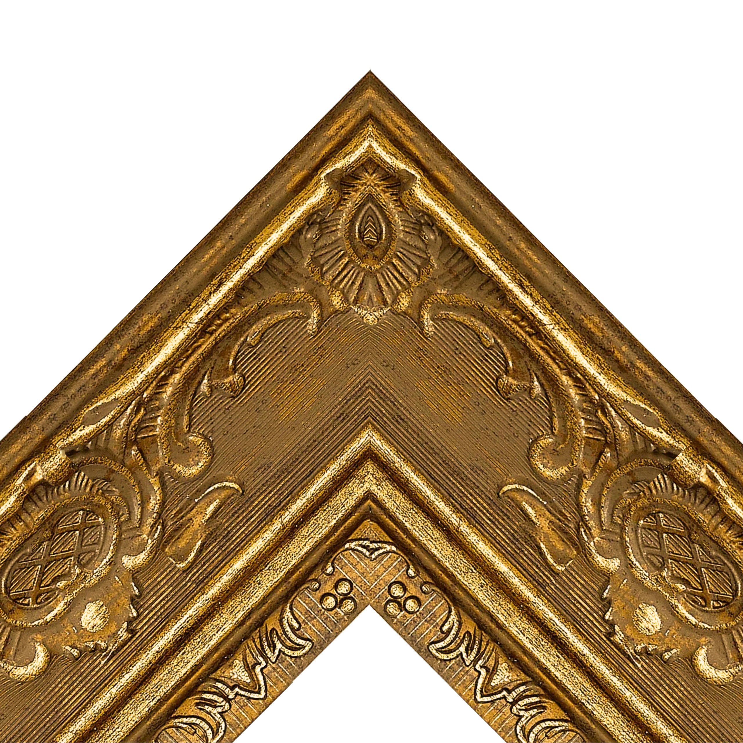 gold-baroque-ornate-tv-frame-corner-detail Gold baroque ornate TV frame corner with intricate decorative carving and antique finish