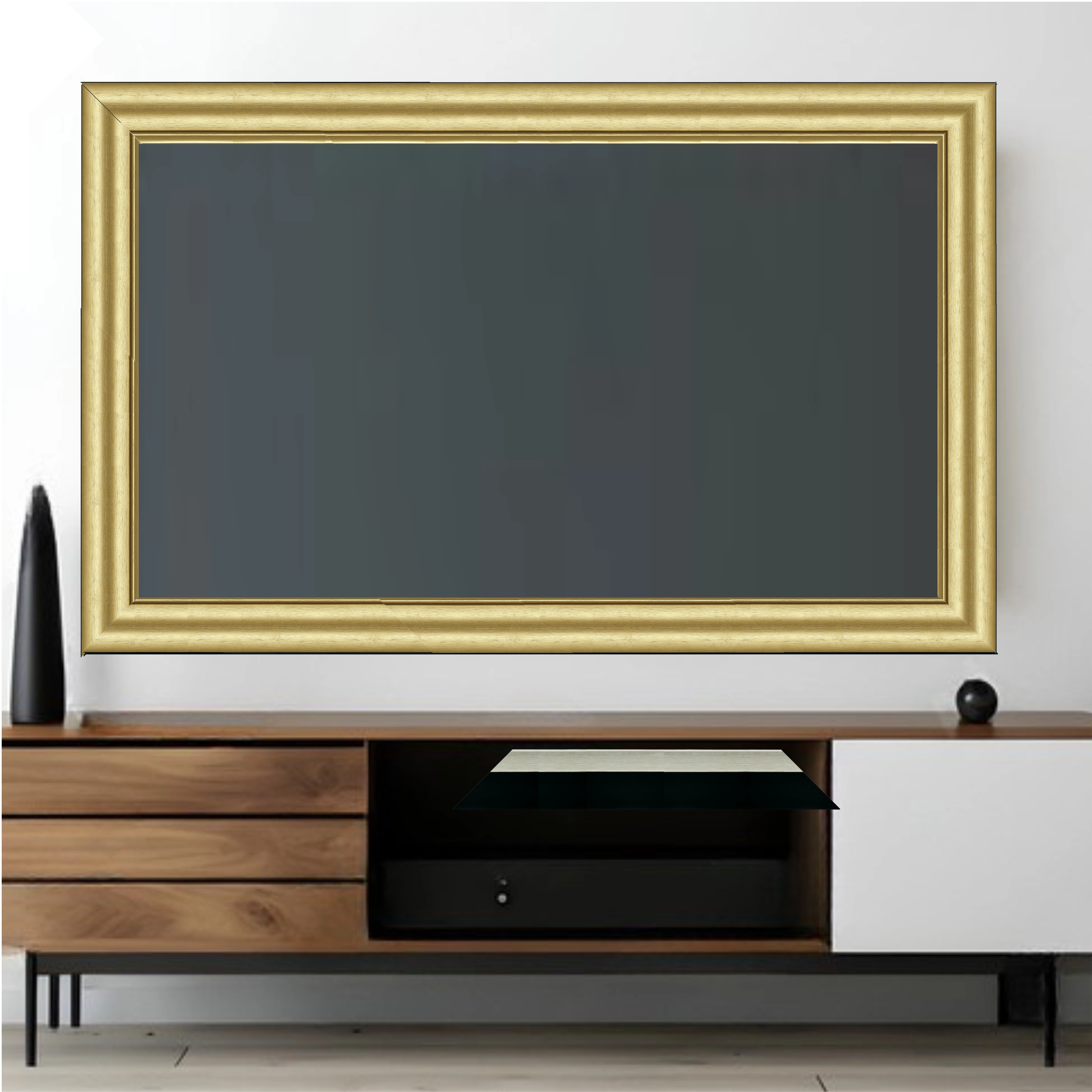 gold-classic-tv-frame-wall-mounted-tv-living-room Wall mounted television with classic gold decorative frame in modern living room