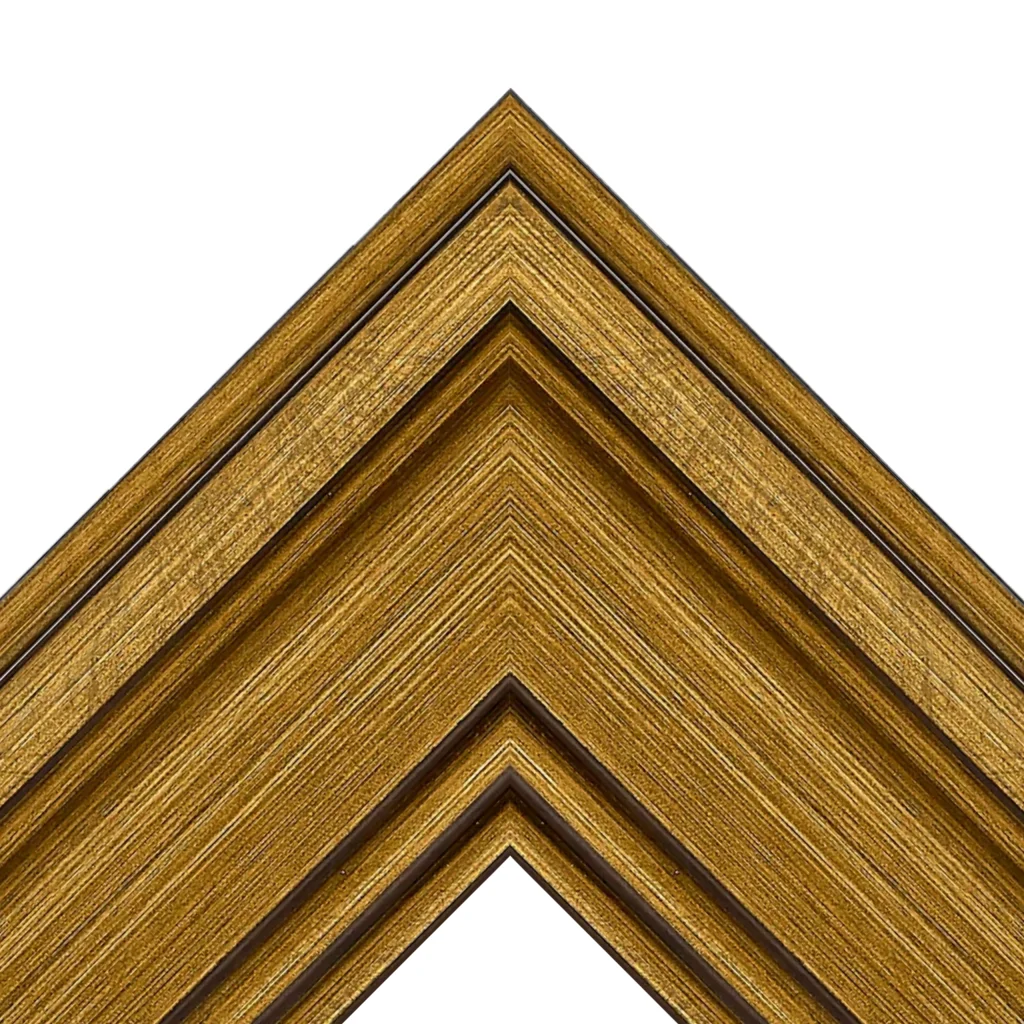 Gold decorative TV frame corner with textured woodgrain finish and layered molding detail
