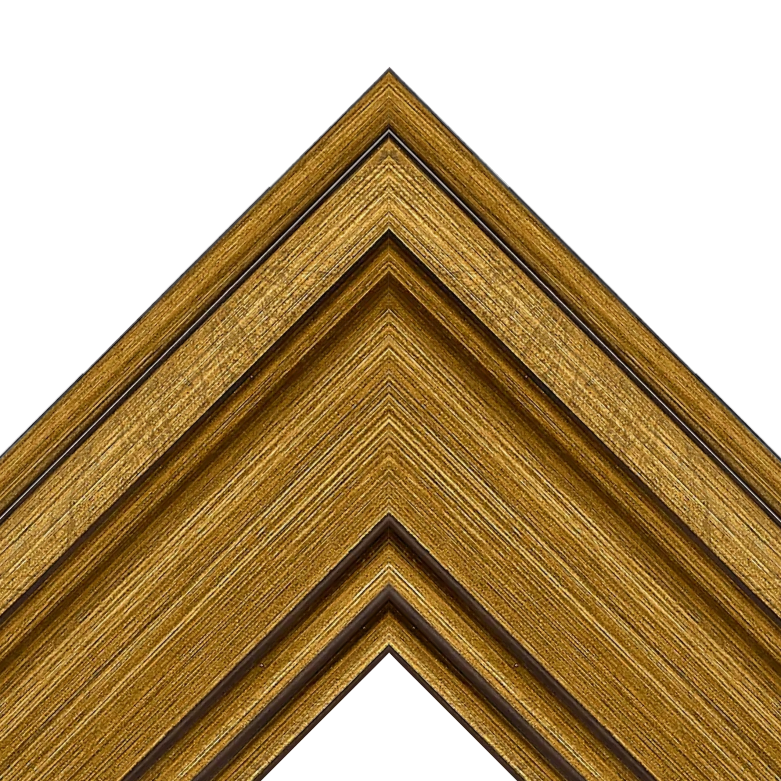 gold-modern-tv-frame-corner-detail-woodgrain Gold decorative TV frame corner with textured woodgrain finish and layered molding detail