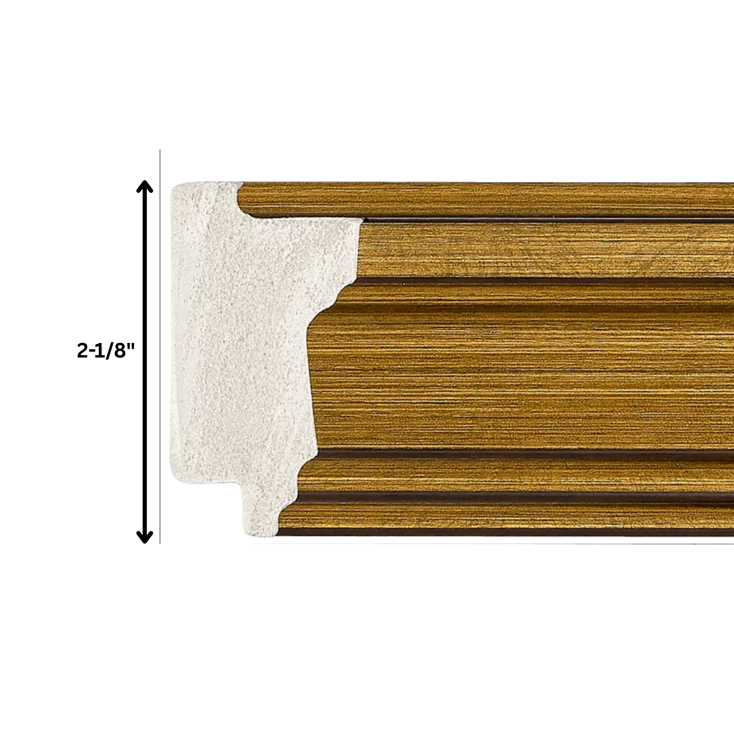 gold-tv-frame-molding-profile-cross-section Gold decorative TV frame molding profile cross section showing layered woodgrain detail and frame depth