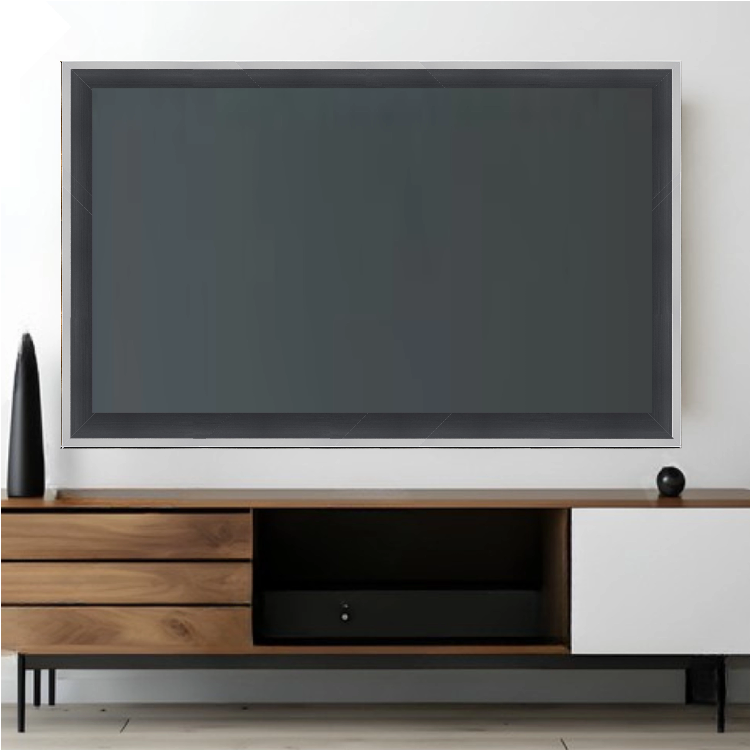 modern-black-silver-tv-frame-wall-mounted-living-room Wall mounted television with modern black and silver TV frame