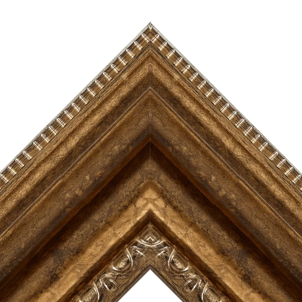 Ornate antique bronze TV frame corner detail with decorative molding