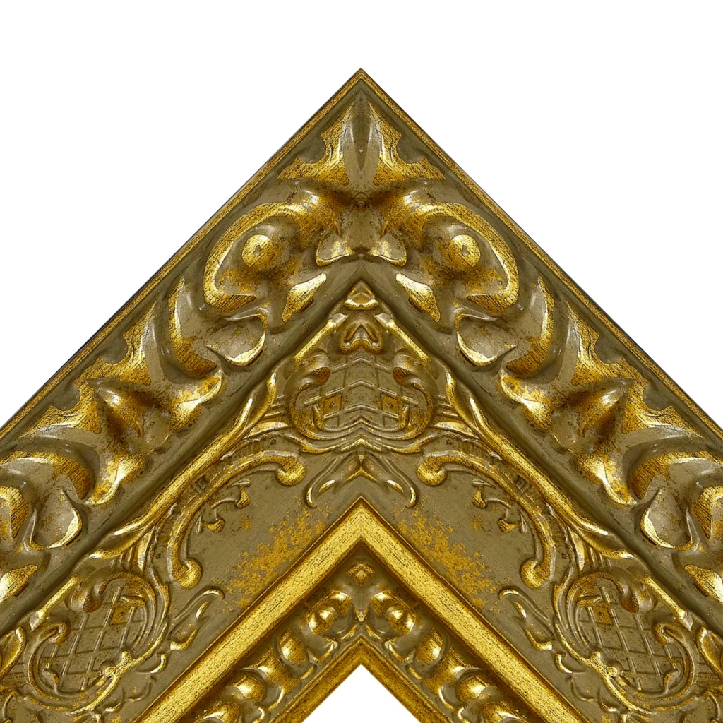 Ornate antique gold baroque TV frame corner detail with intricate carvings