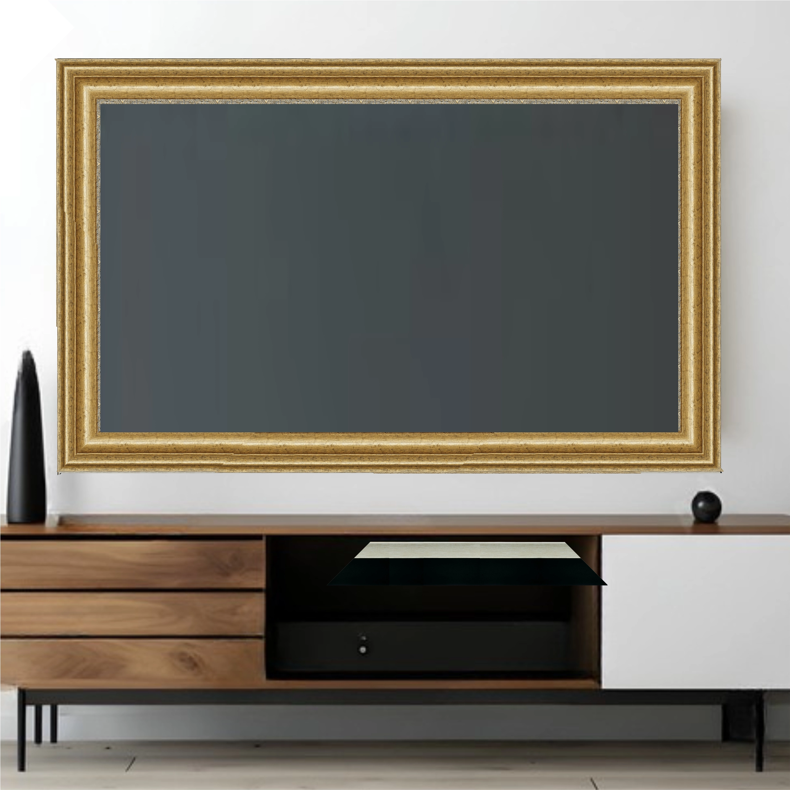 ornate-antique-gold-tv-frame-wall-mounted-tv-living-room Wall mounted television with ornate antique gold decorative frame in modern living room