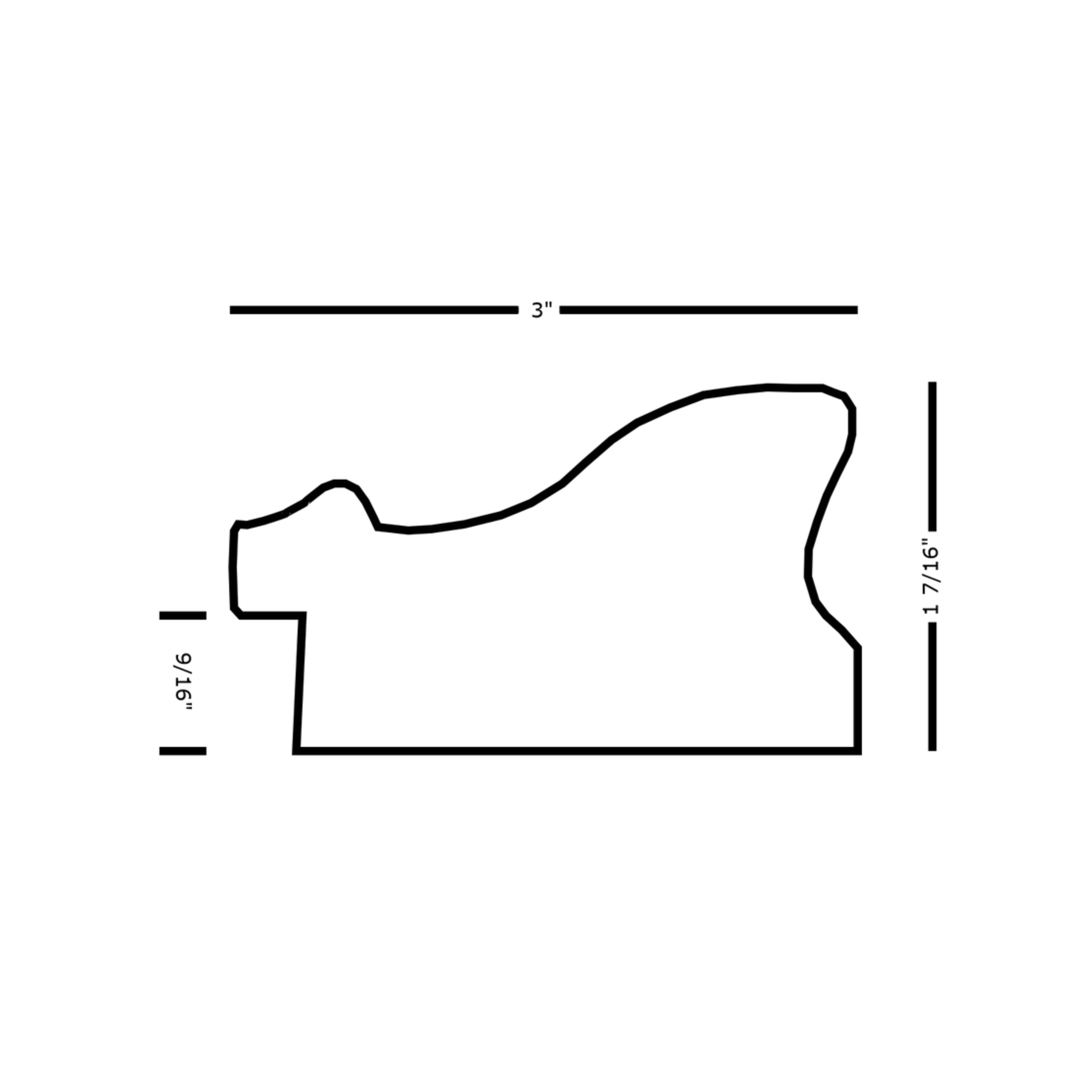 ornate-gold-tv-frame-profile-dimensions-diagram Ornate gold TV frame molding profile diagram with 3 inch width measurements