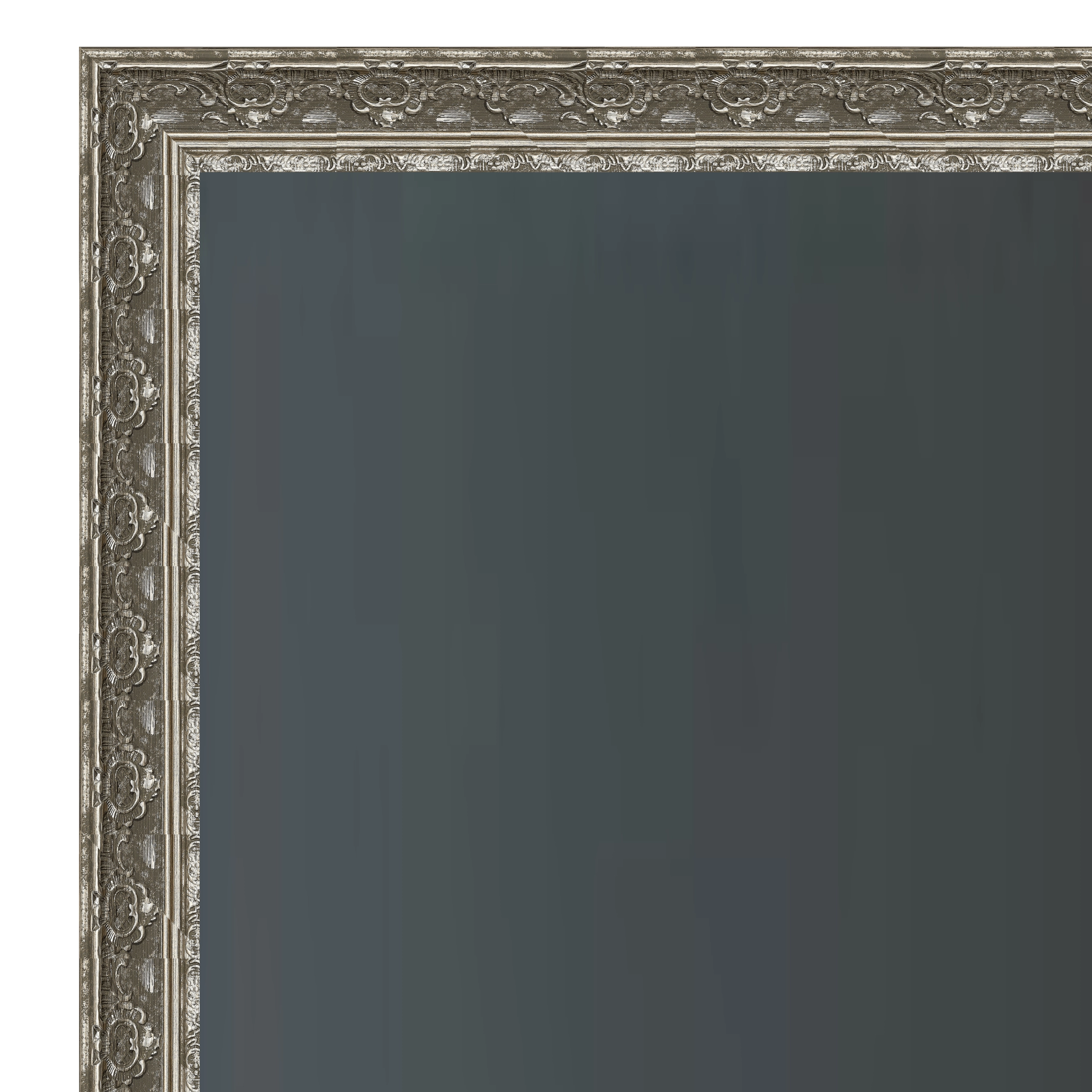 ornate-silver-antique-tv-frame-full-view Ornate antique silver decorative TV frame with distressed finish surrounding a television screen