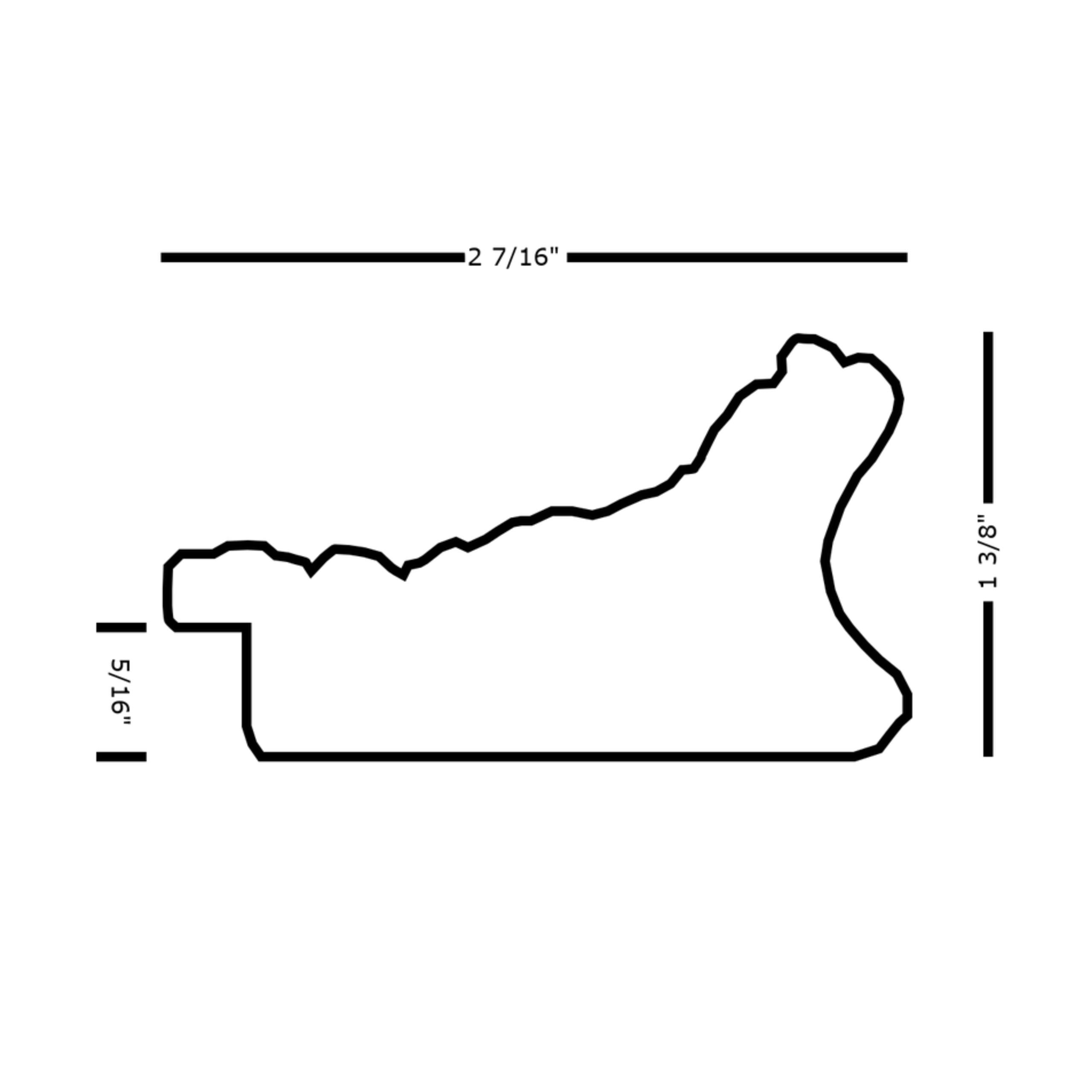 ornate-tv-frame-profile-dimensions-diagram Profile dimension diagram of an ornate decorative TV frame showing 2 7/16 inch width and 1 3/8 inch height