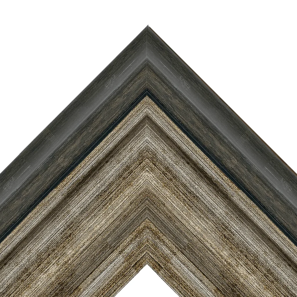 Rustic silver decorative TV frame corner with textured wood grain finish by TV Framez