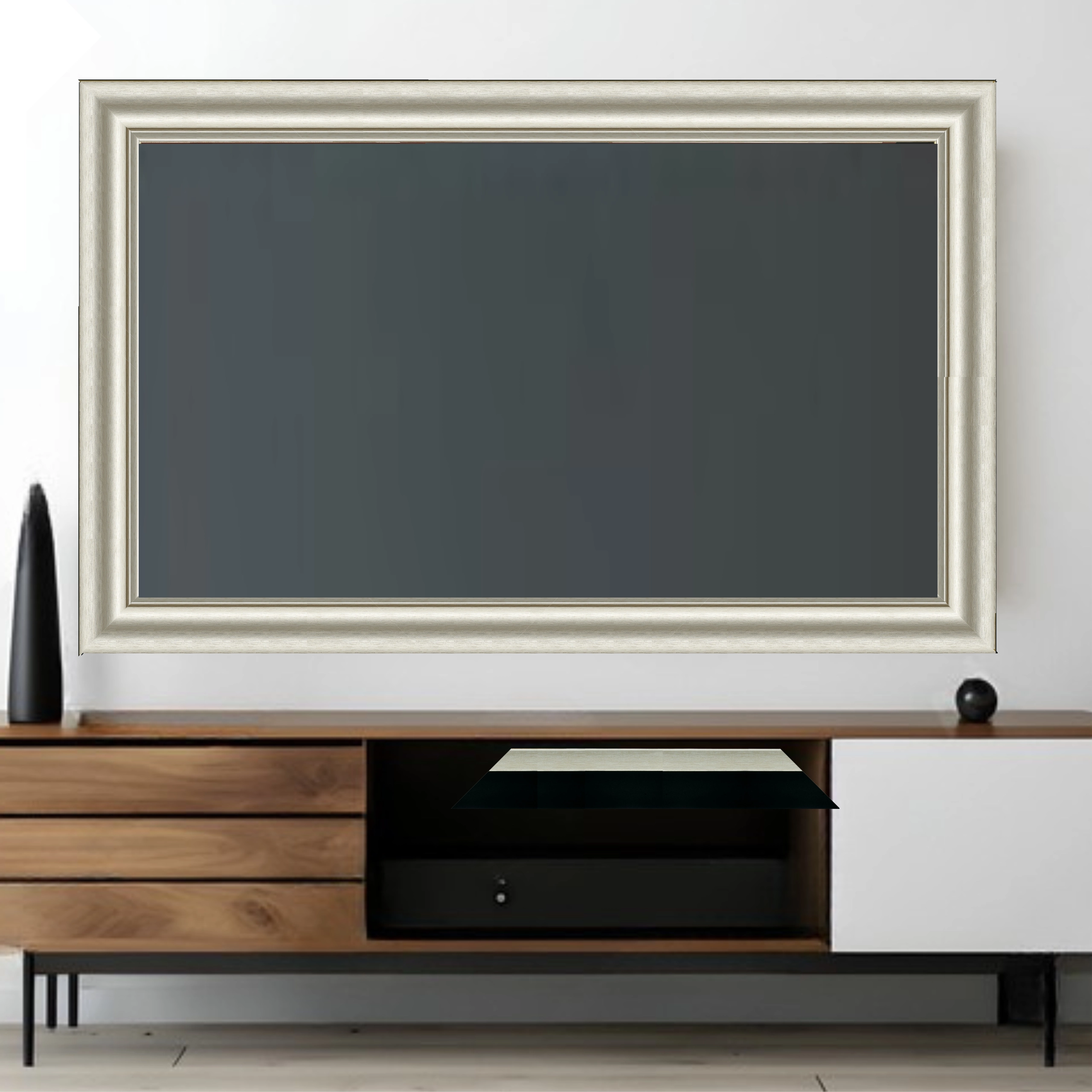 silver-classic-tv-frame-wall-mounted-tv-living-room Wall mounted television with classic silver decorative frame in modern living room