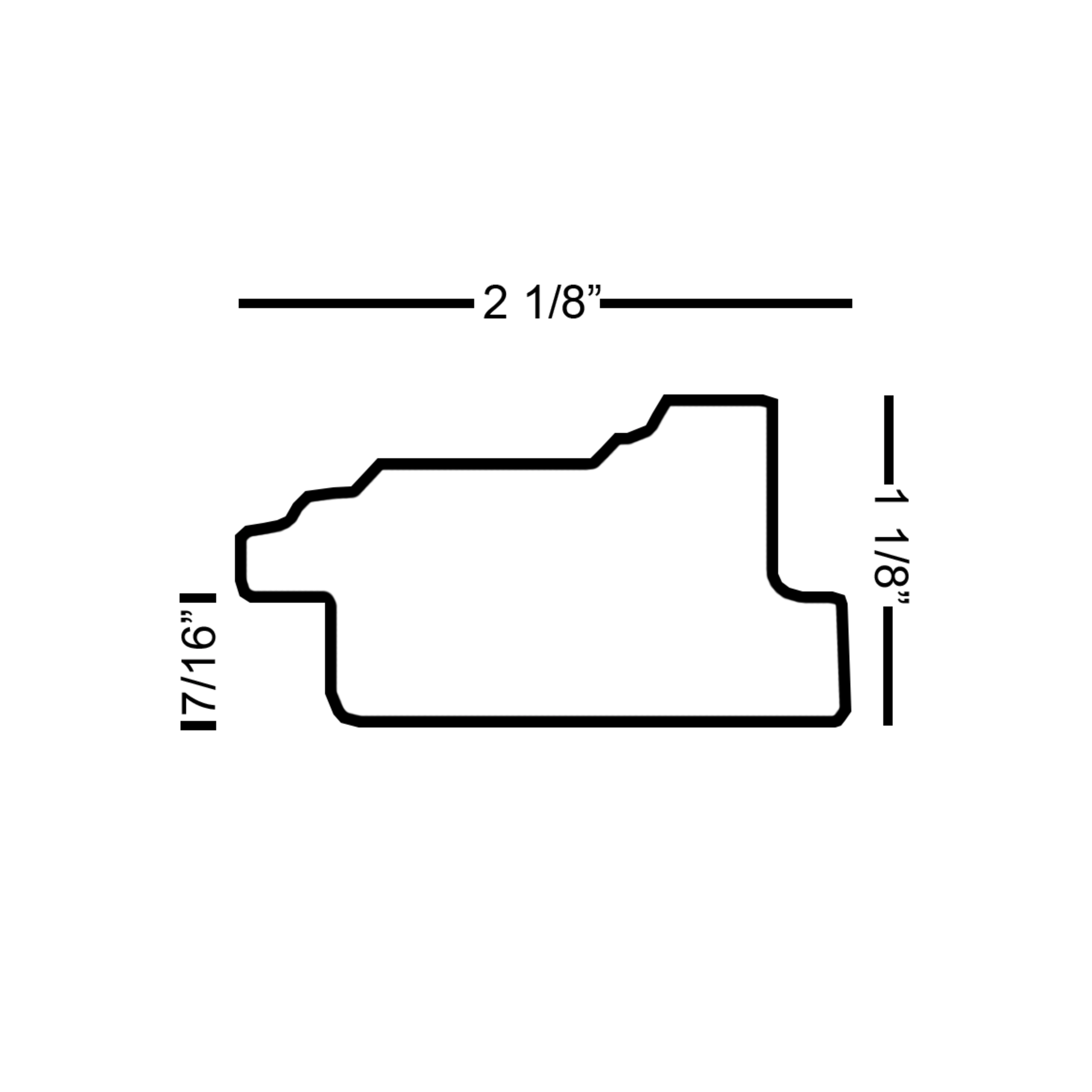 tv-frame-molding-profile-dimensions-diagram Decorative TV frame molding profile diagram showing 2 1/8 inch width and 1 1/8 inch rabbet depth