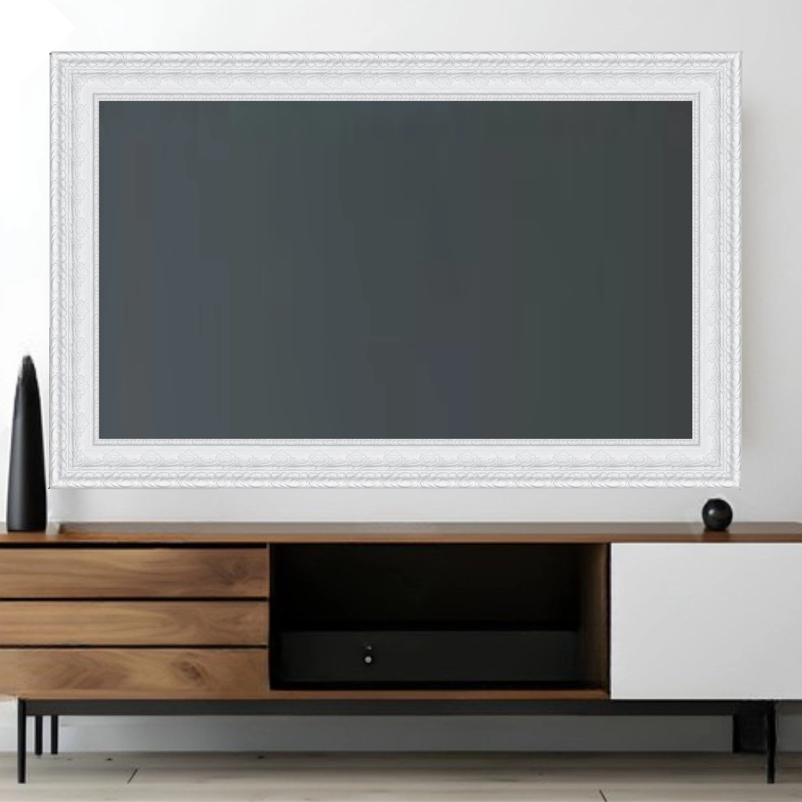 white-classic-tv-frame-mounted-television-living-room White ornate TV frame surrounding wall mounted television in modern living room