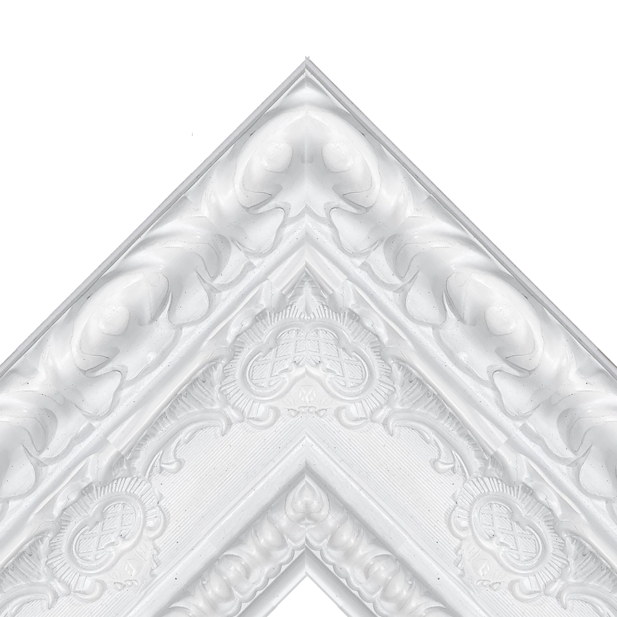 white-ornate-tv-frame-corner-classic-decorative White ornate decorative TV frame corner with classic carved detailing