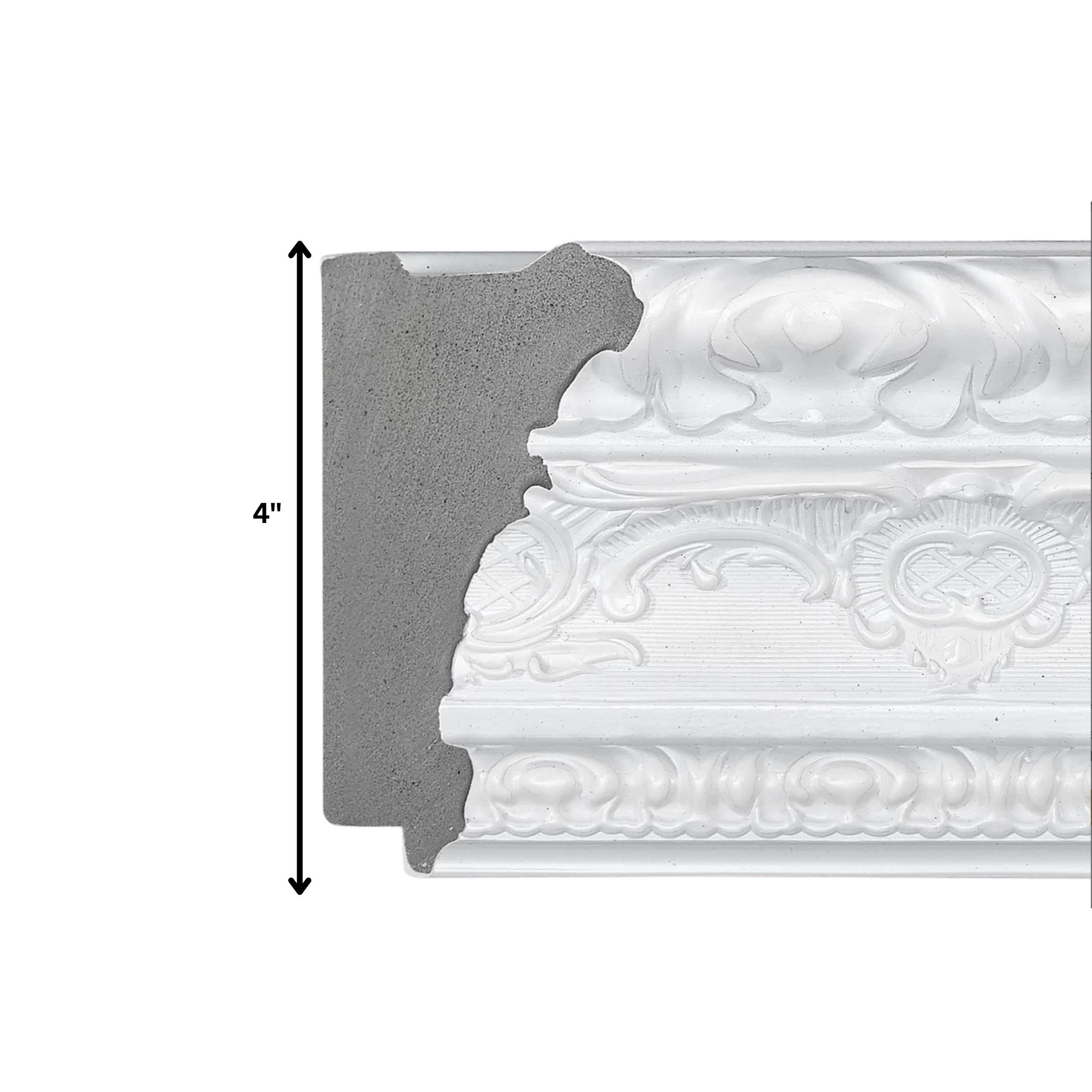white-ornate-tv-frame-molding-profile White ornate TV frame molding profile showing 4 inch height measurement